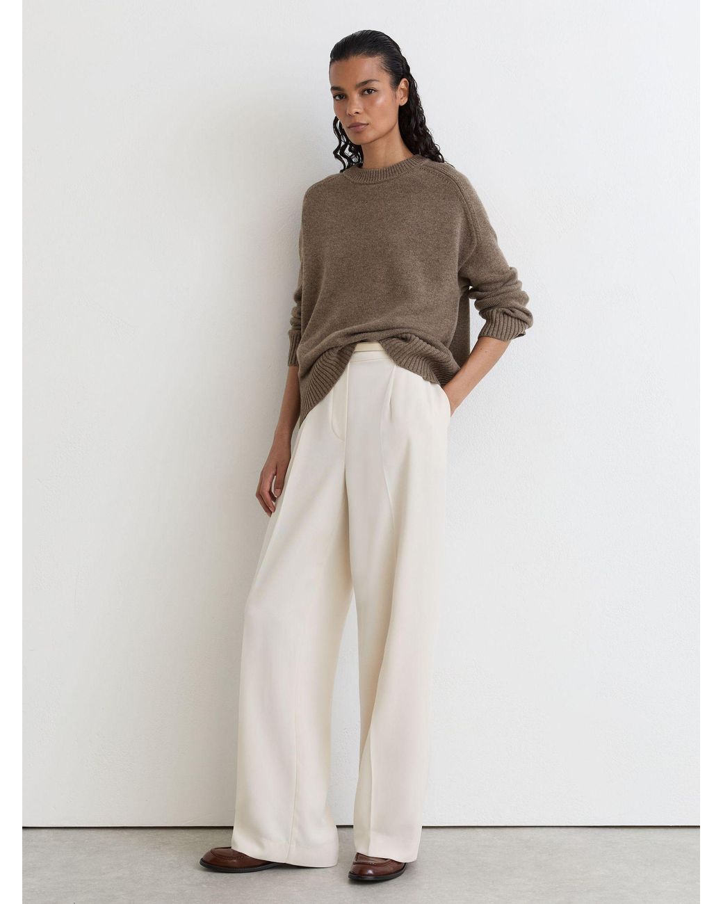 Reiss Brown Wool-Cashmere Crew-Neck Raglan Jumper