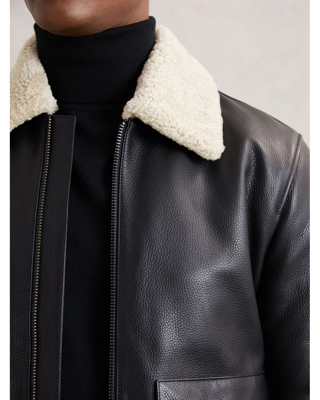 Reiss Gray Leather Shearling-Collar Bomber Jacket for men