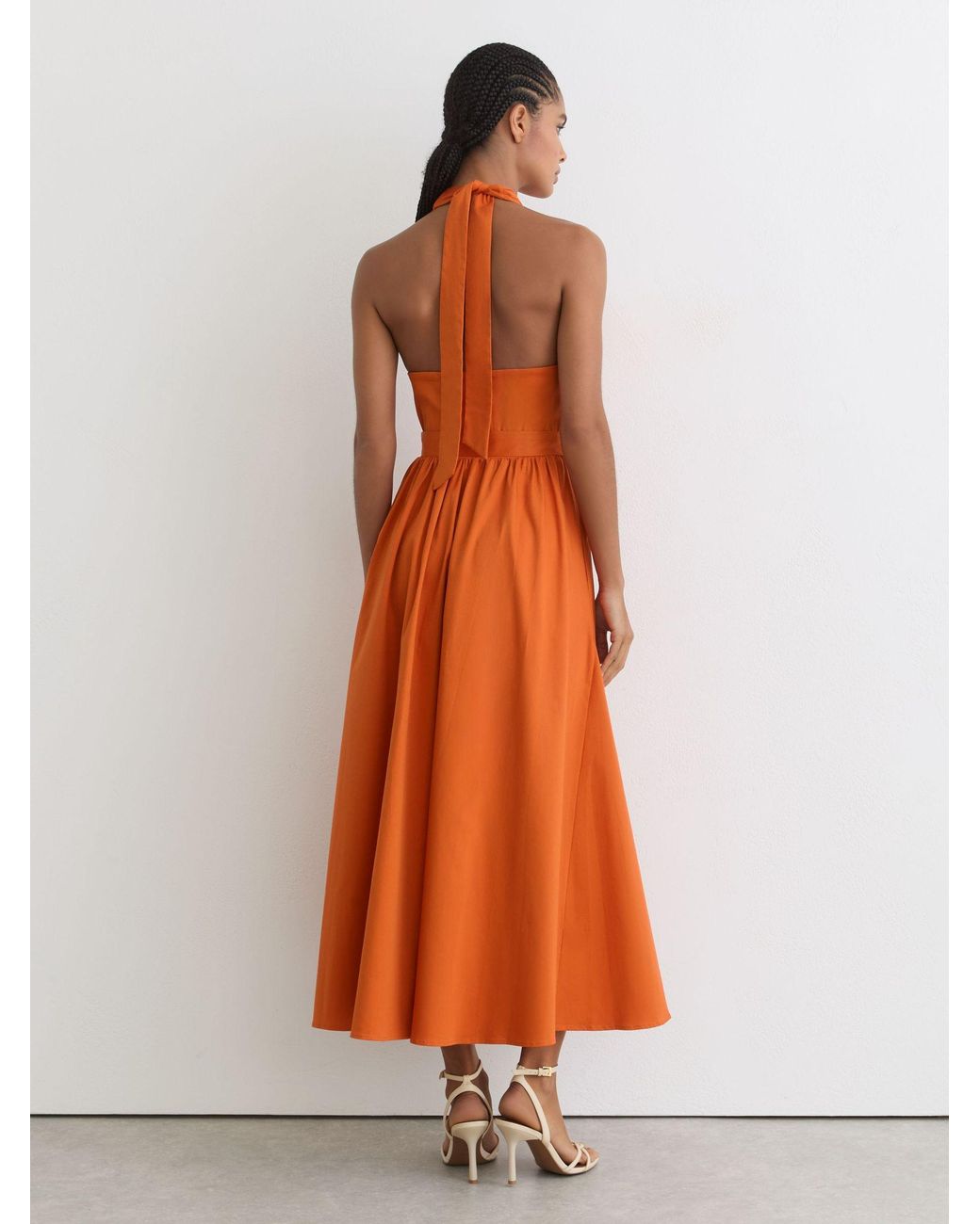 Reiss Rowe - Orange Cotton Halterneck Belted Midi Dress, Us 12