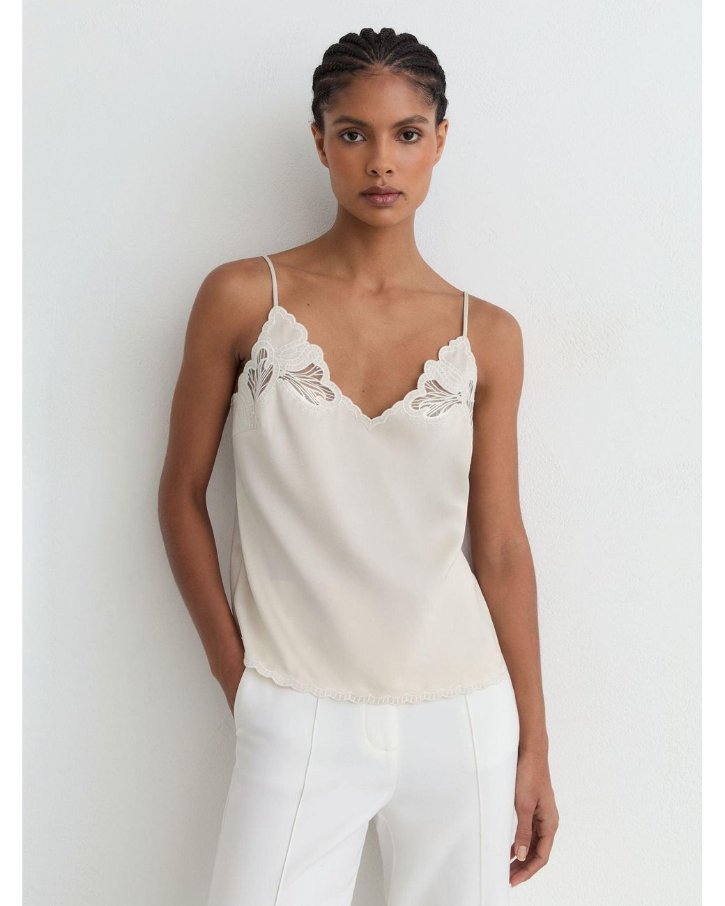 Reiss Natural Joanie - Neutral Satin Lace-detail Cami Top, Us 14