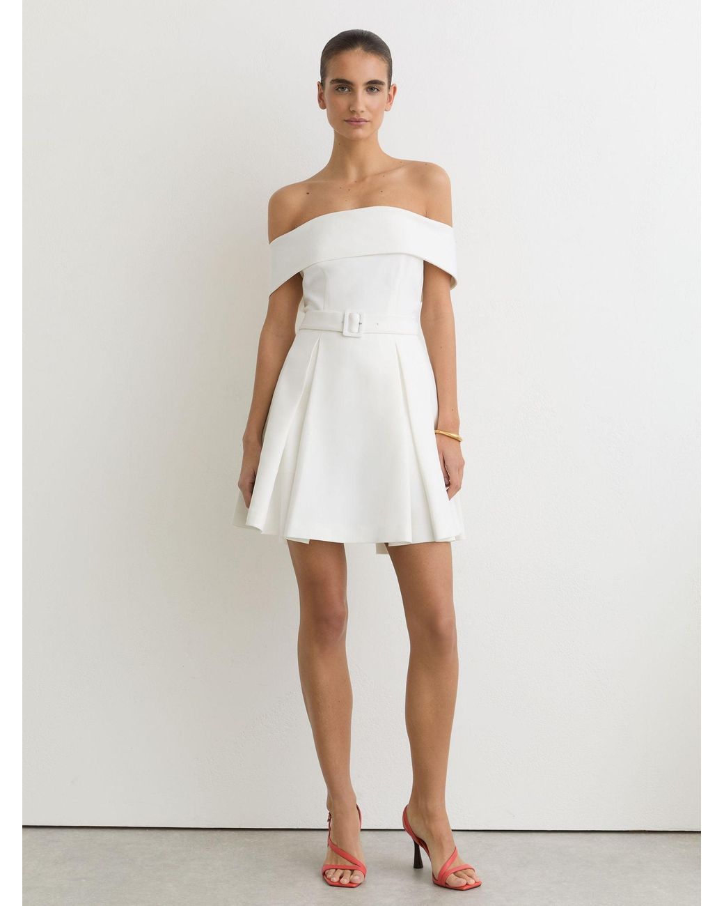 Reiss White Arwen - Ivory Off-shoulder Flippy Mini Dress, Us 6