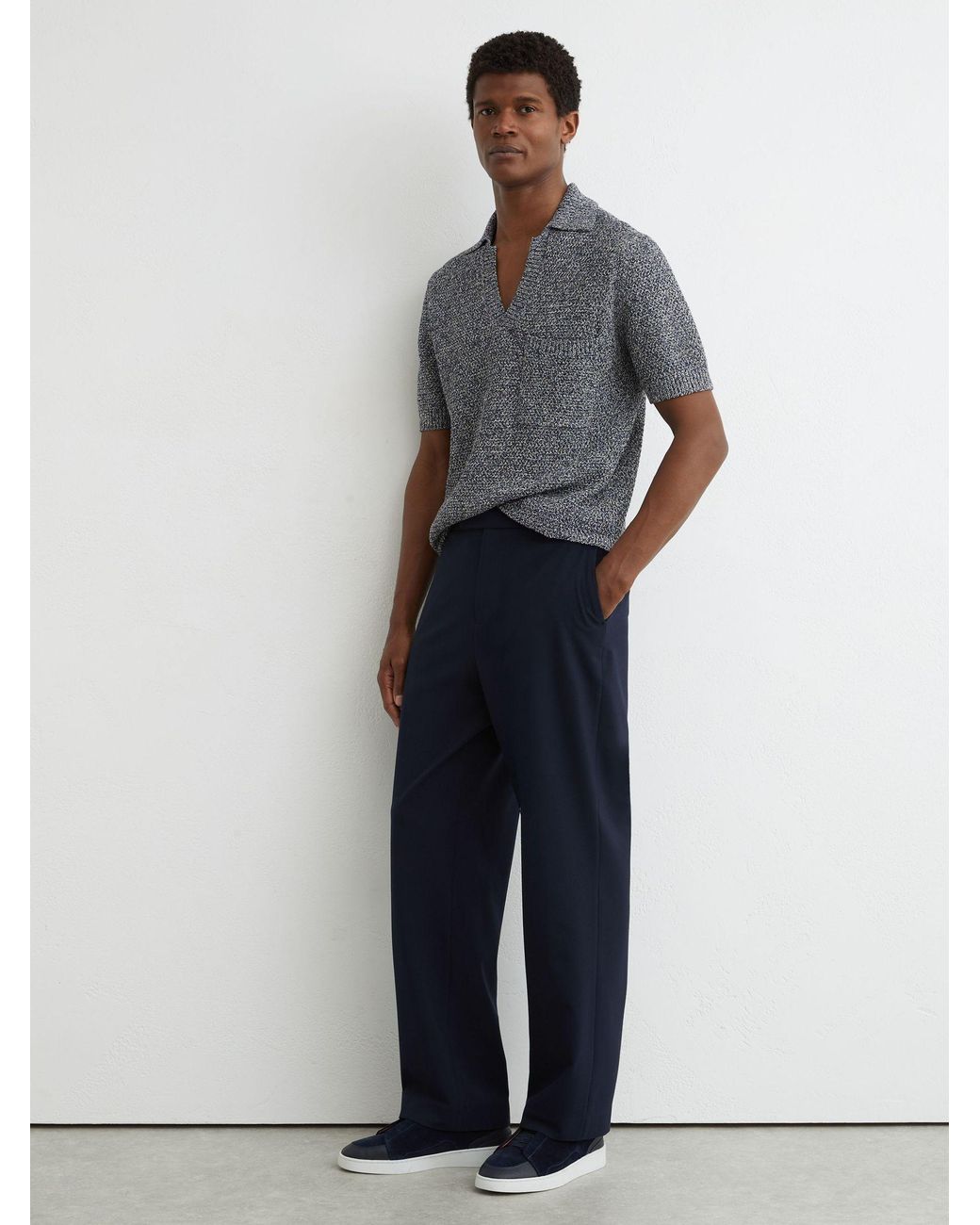 Reiss Owen - Indigo Blue Speckle-knit Open-collar Polo Jumper, Xxl for men