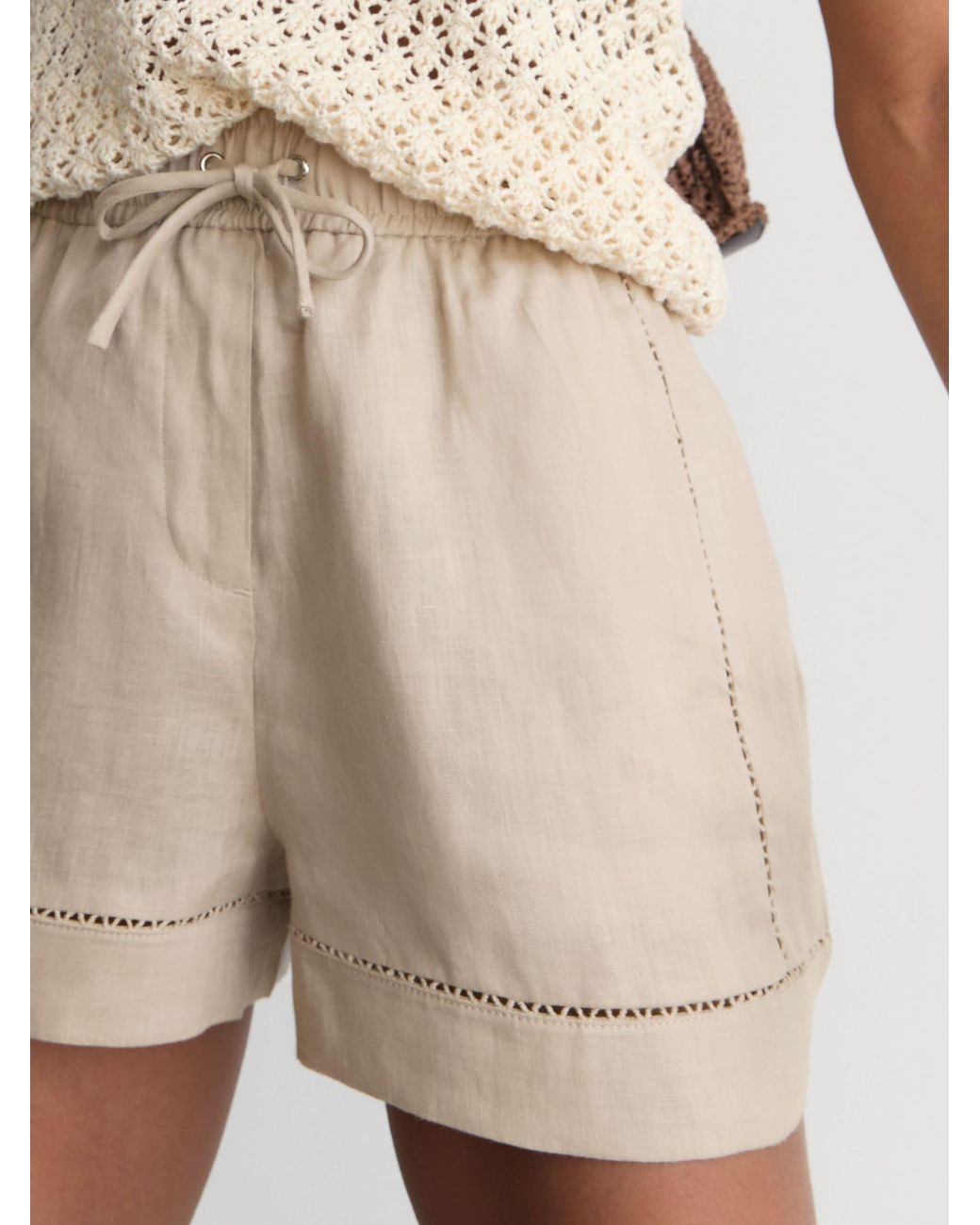 Reiss Natural Riley - Neutral Linen Ladder-embroidery Shorts, Us 4