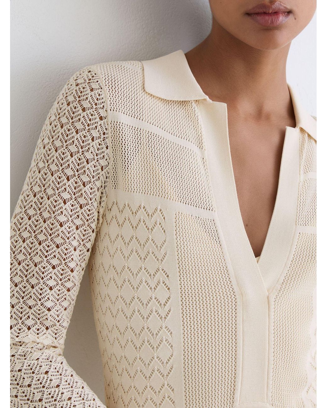 Reiss White Pointelle-Knit Panelled Midi Dress