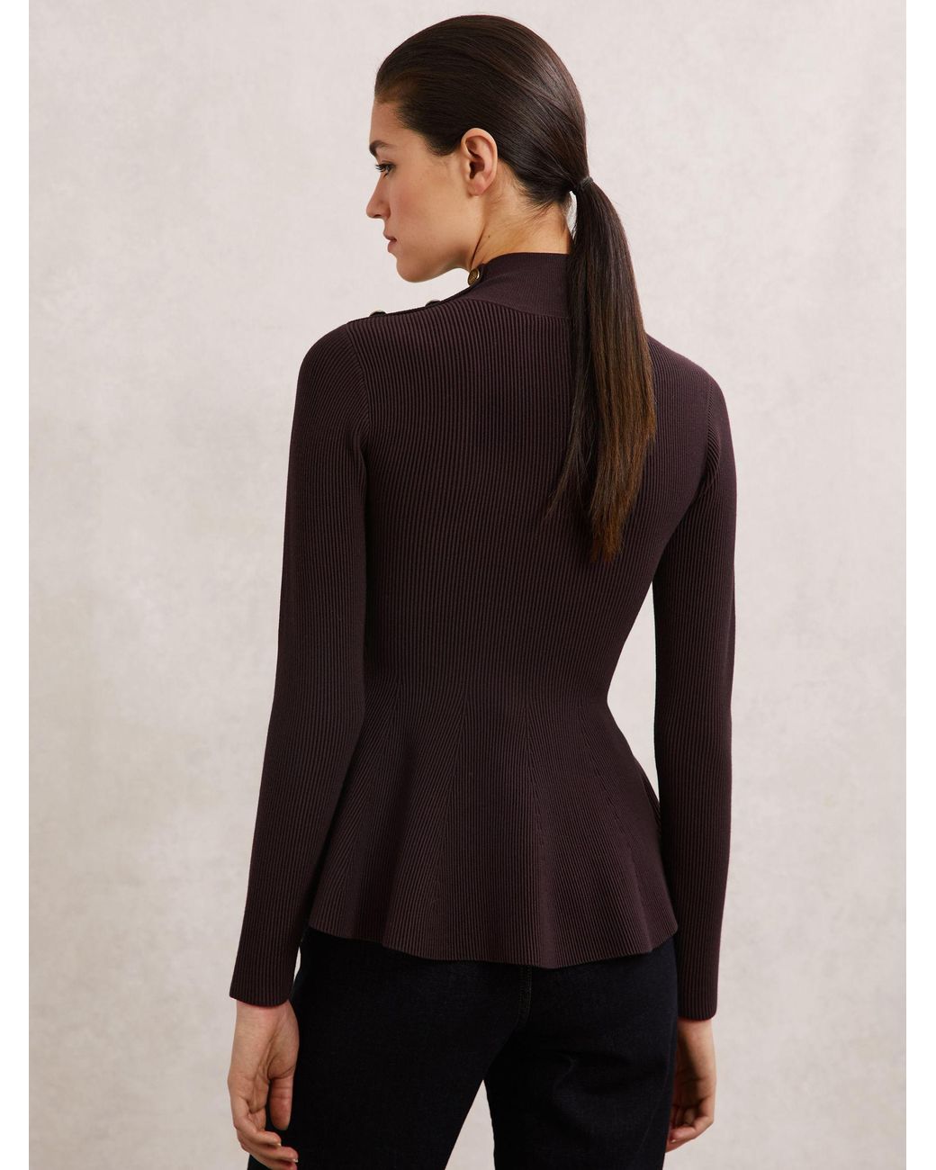 Reiss Blue Rib-Knit High-Neck Peplum Top