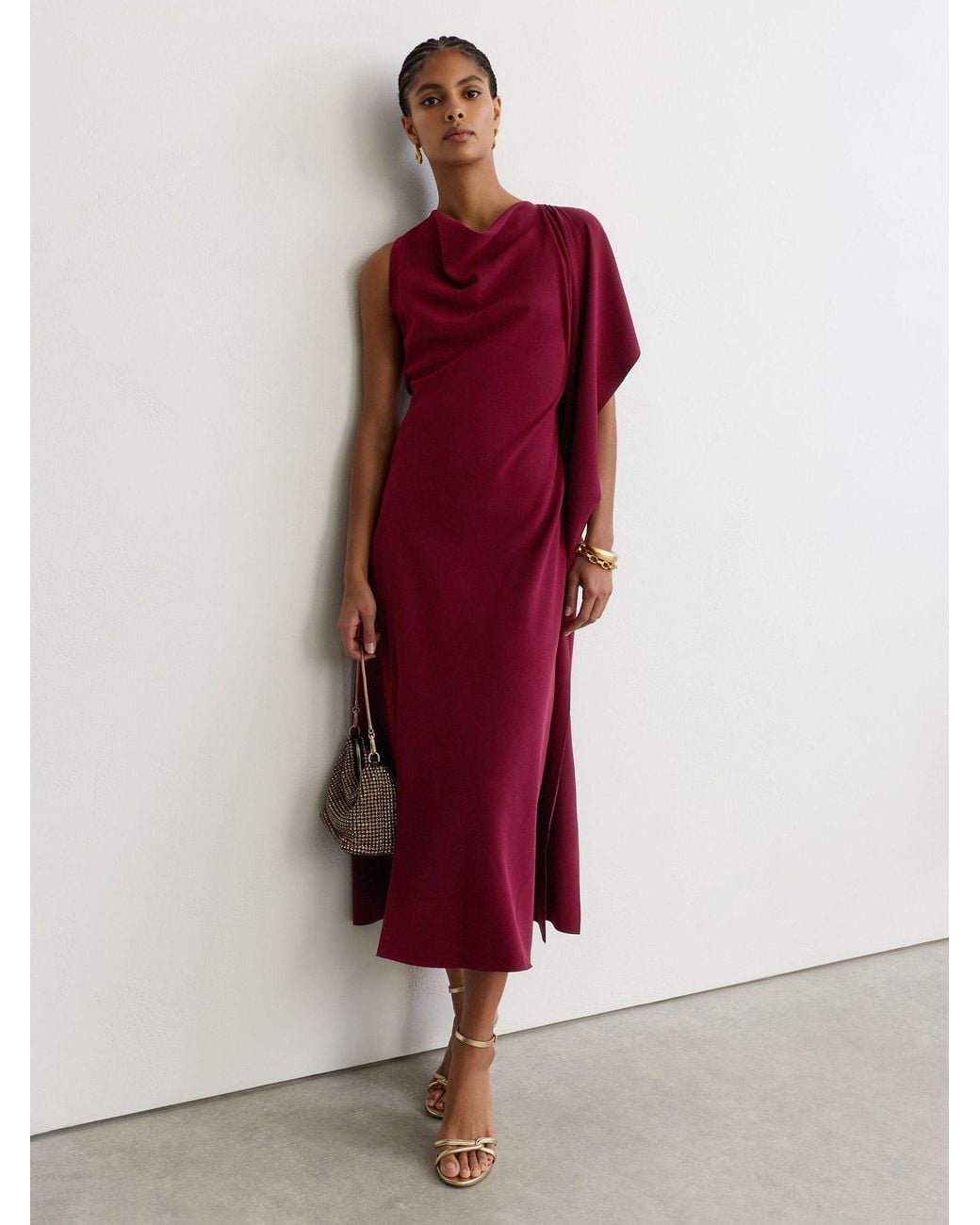 Reiss Red Emory Drape-Detail Cowl-Neck Midi Dress