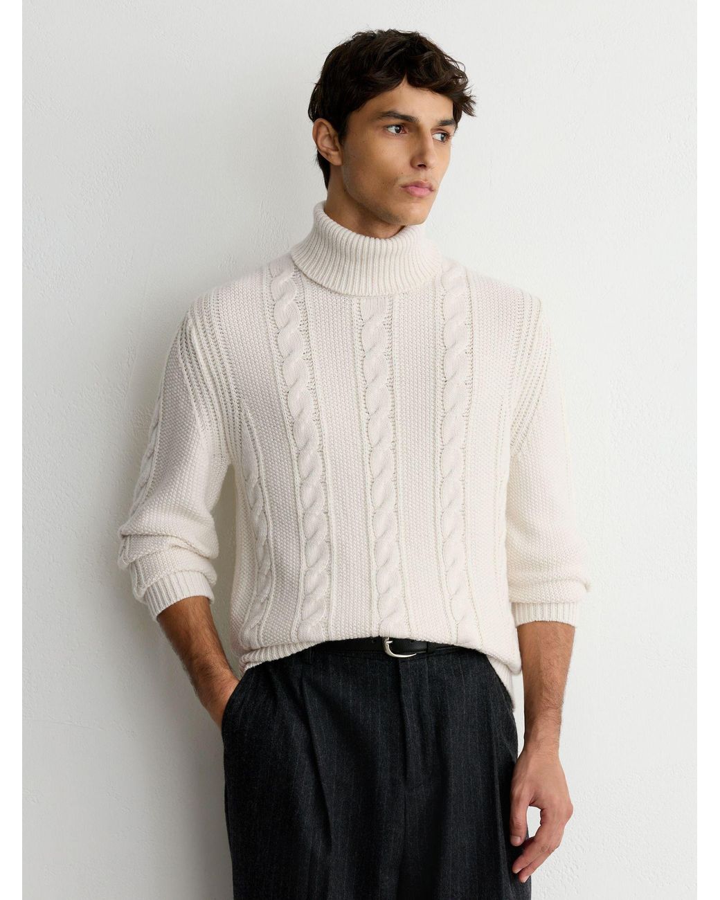 Reiss Gray Cable-Knit Roll-Neck Jumper With Wool for men