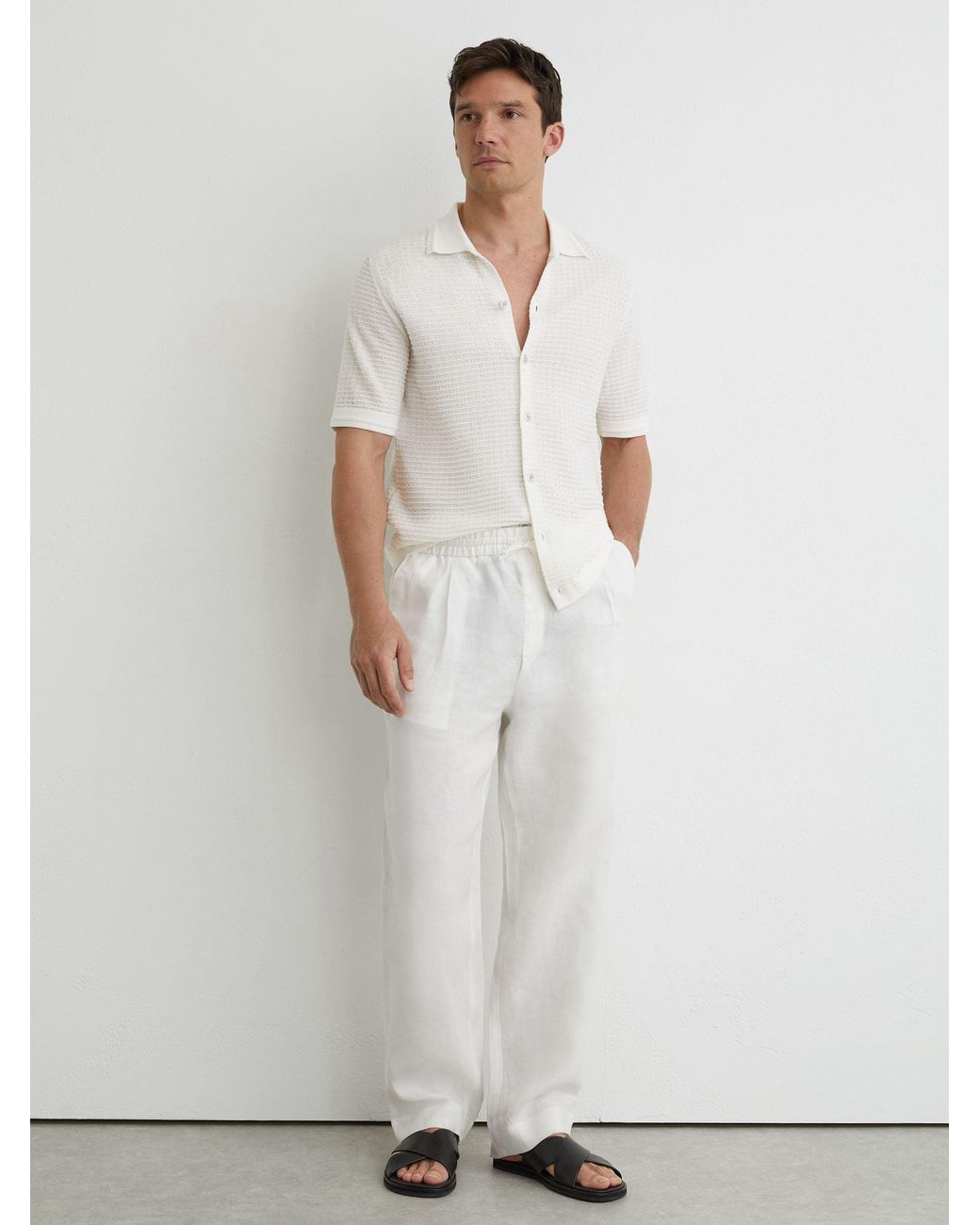 Reiss White Textured-Knit Button-Through Shirt for men