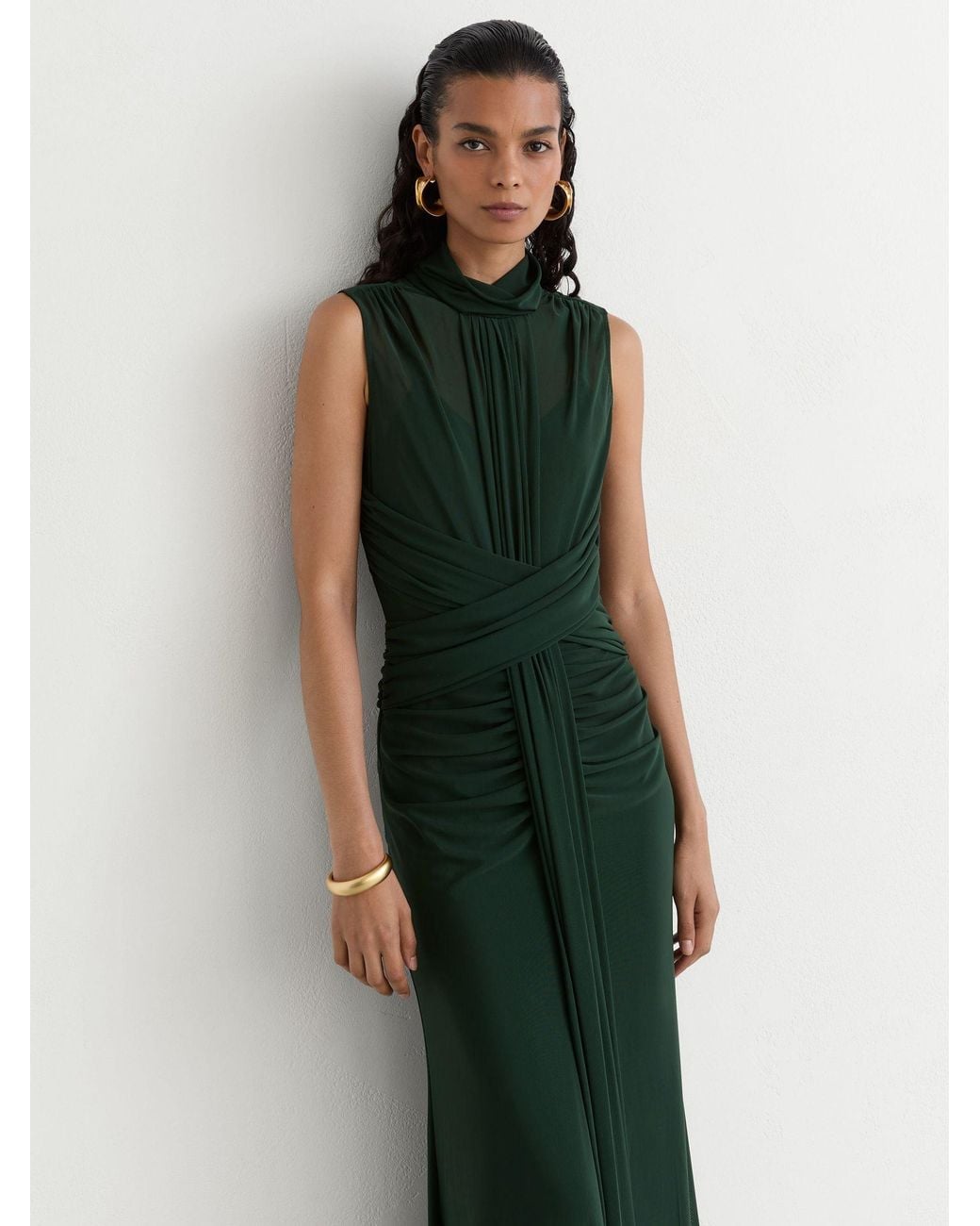 Reiss Green Sheer Ruched Sleeveless Maxi Dress