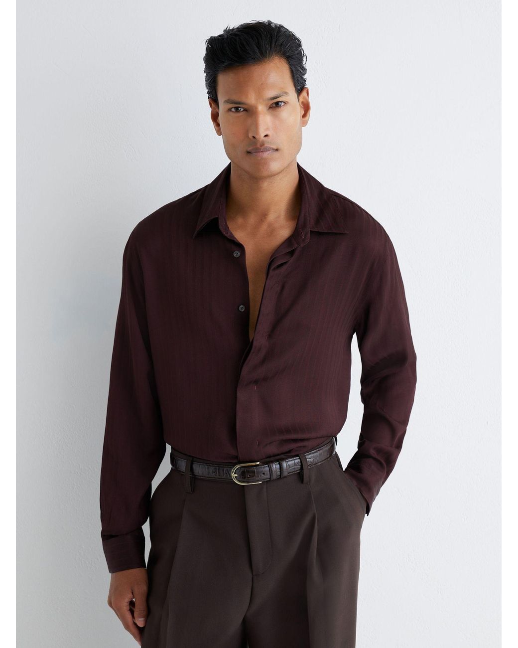 Reiss Black Atelier Herringbone-Stripe Long-Sleeve Shirt Regular-Fit for men
