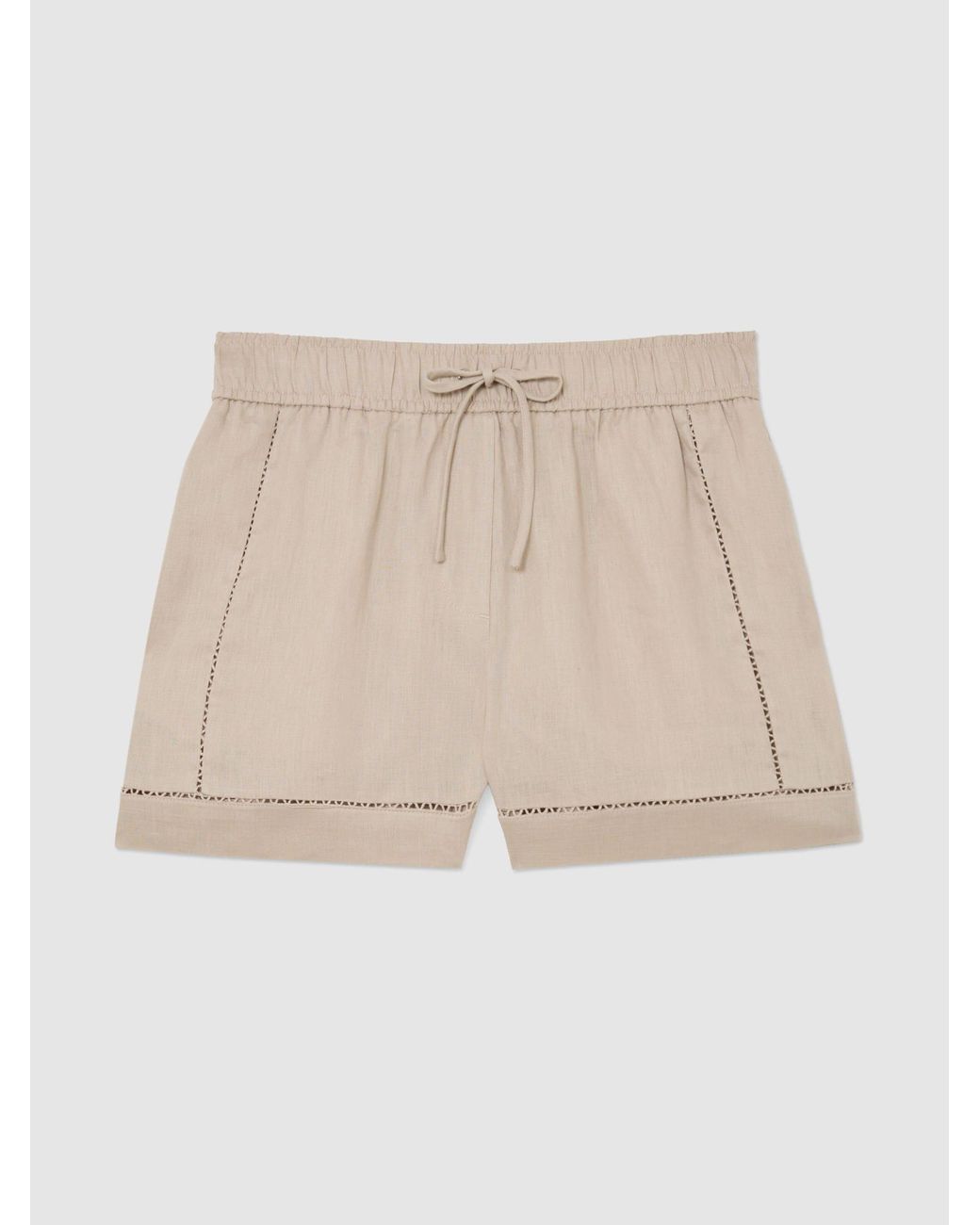 Reiss Natural Riley - Neutral Linen Ladder-embroidery Shorts, Us 4
