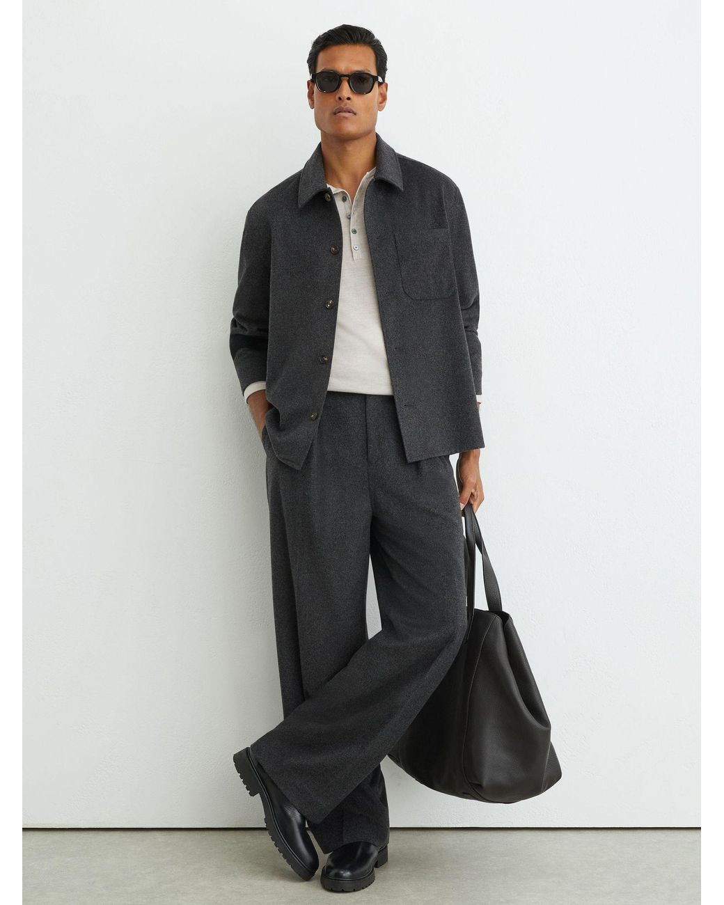 Reiss Gray Collin - Charcoal Grey Brushed Wool-blend Patch-pocket Overshirt, L for men