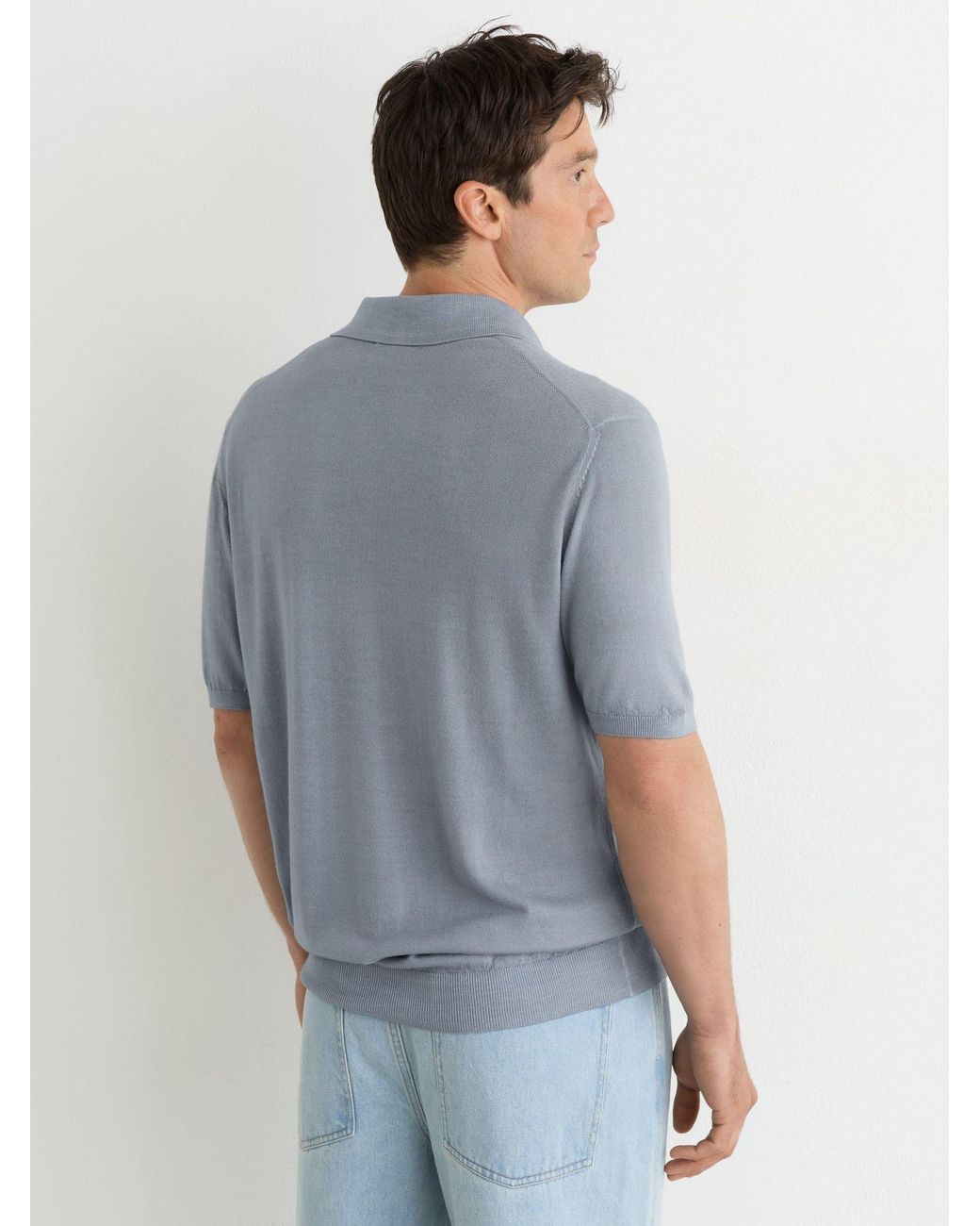 Reiss Blue Pigment-Dyed Merino Wool Open-Collar Polo Shirt for men