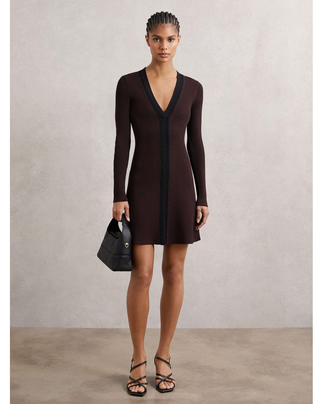Reiss Black Burgundy & Craft-Stitch Rib-Knit Mini Dress