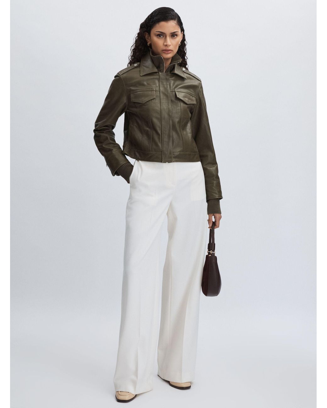 PAIGE Brown Leather Cropped Bomber Jacket