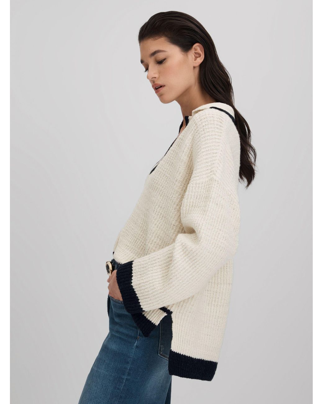 Reiss Blue Michaela Open Collar Jumper Textured, Cream
