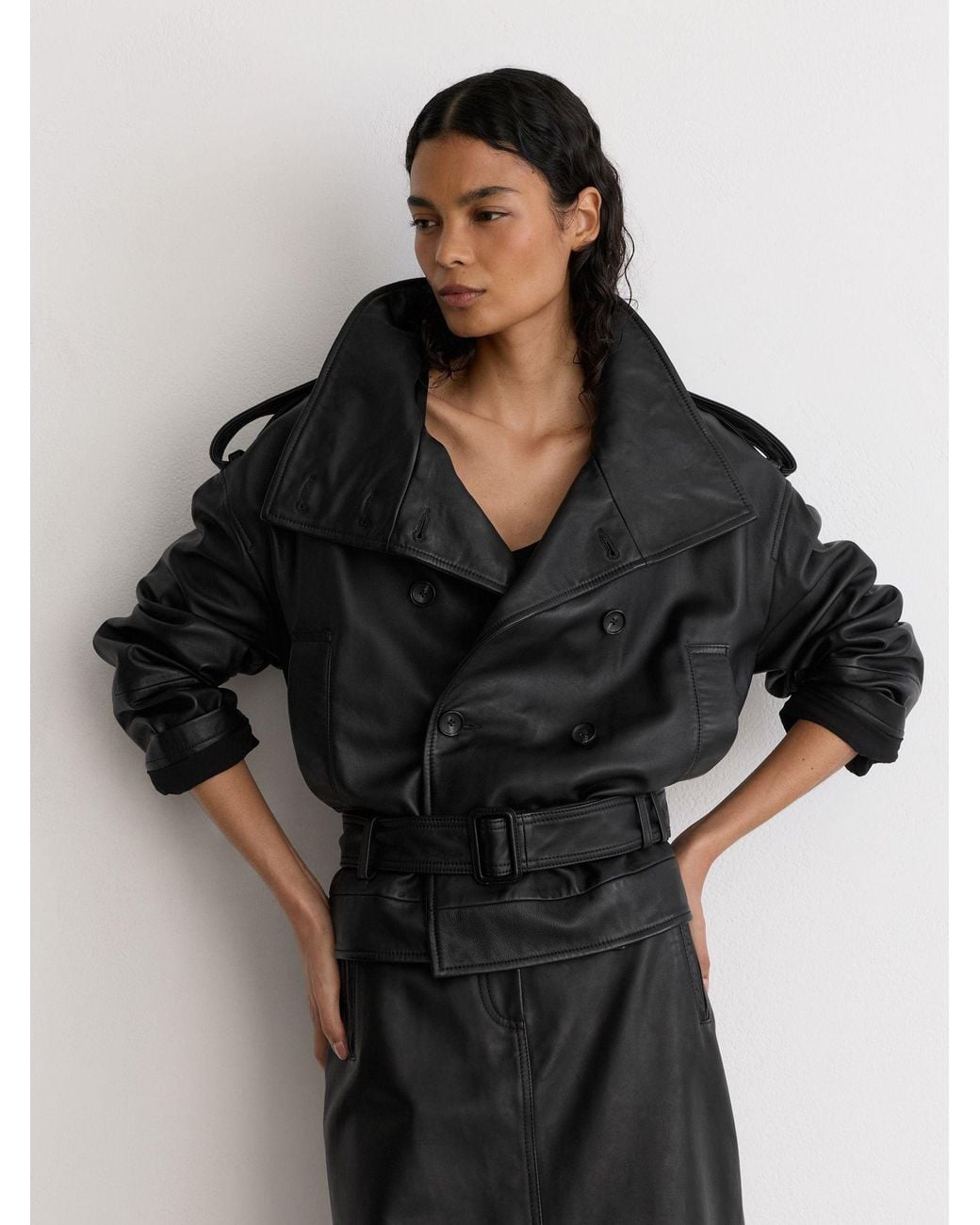 Reiss Gray Leather Belted Double-Breasted Jacket