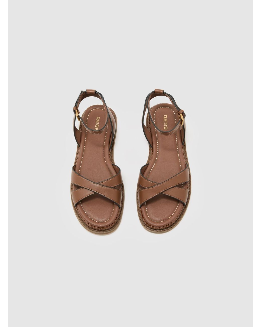 Reiss Brown Leather Plaited-Detail Flat Sandals