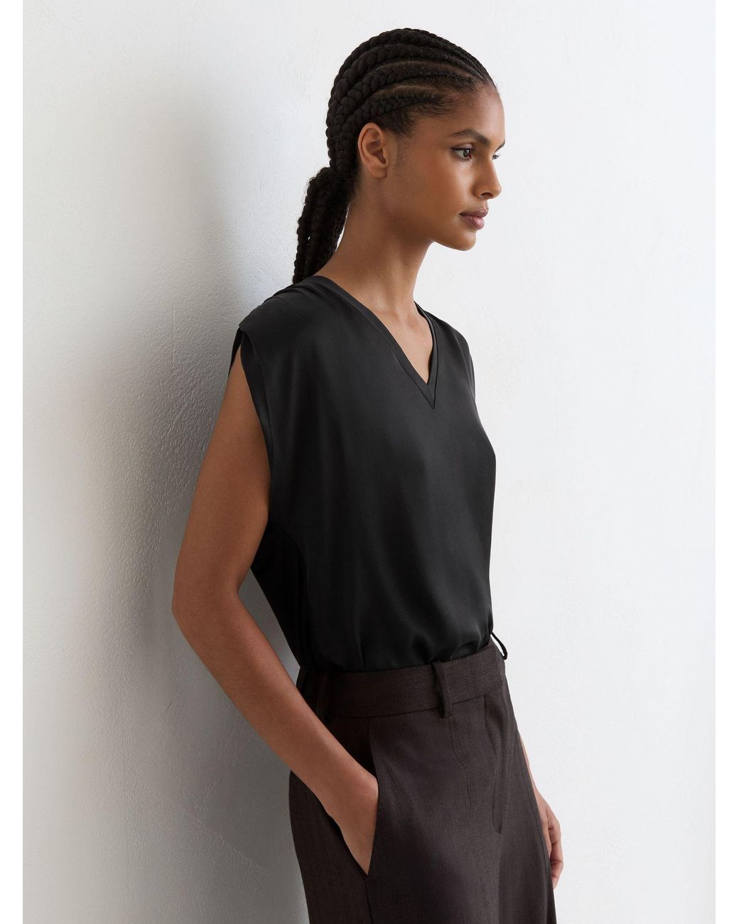 Reiss Black Silk-Front V-Neck Sleeveless Top