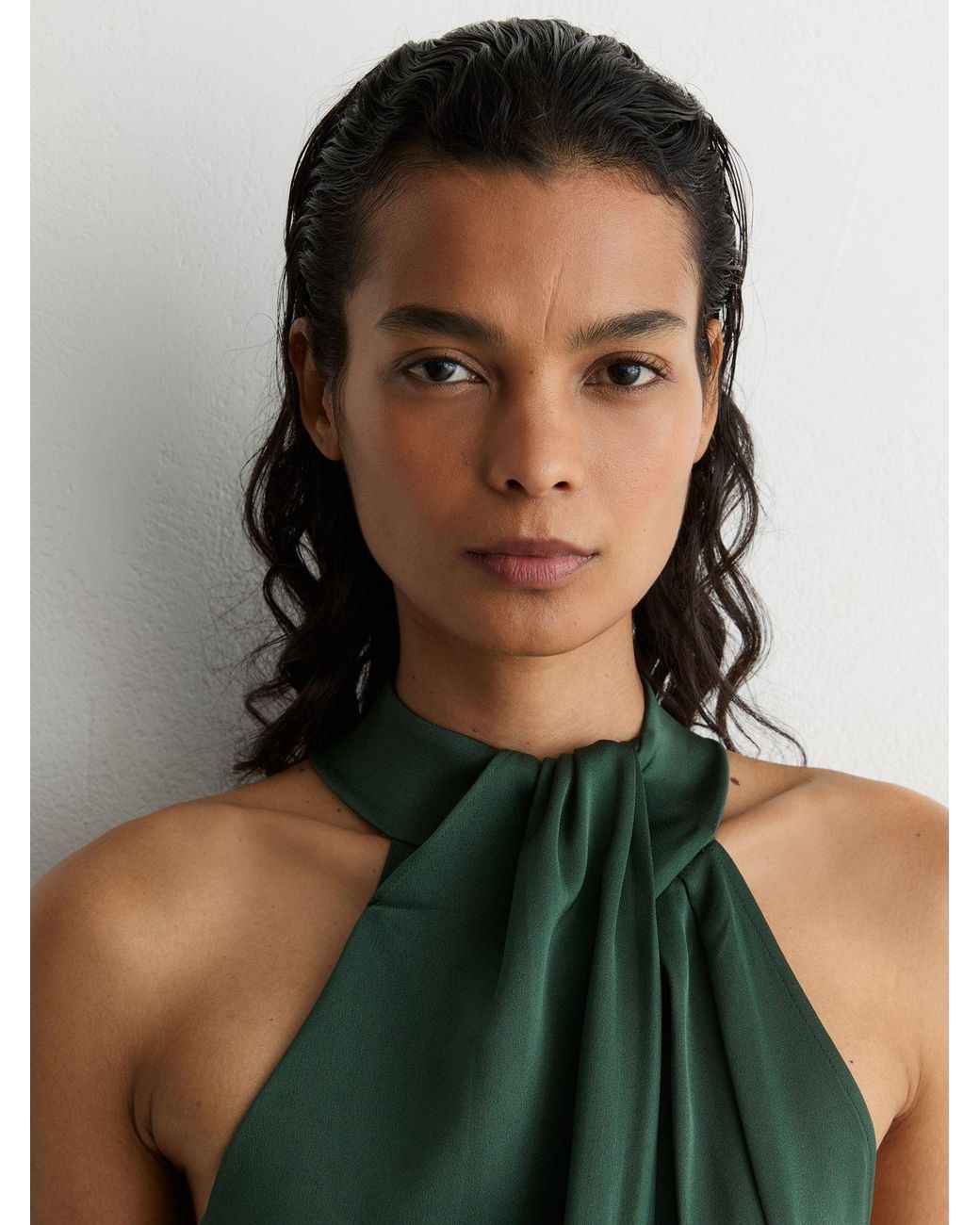 Reiss Green Petite Satin Draped Wide-Leg Jumpsuit