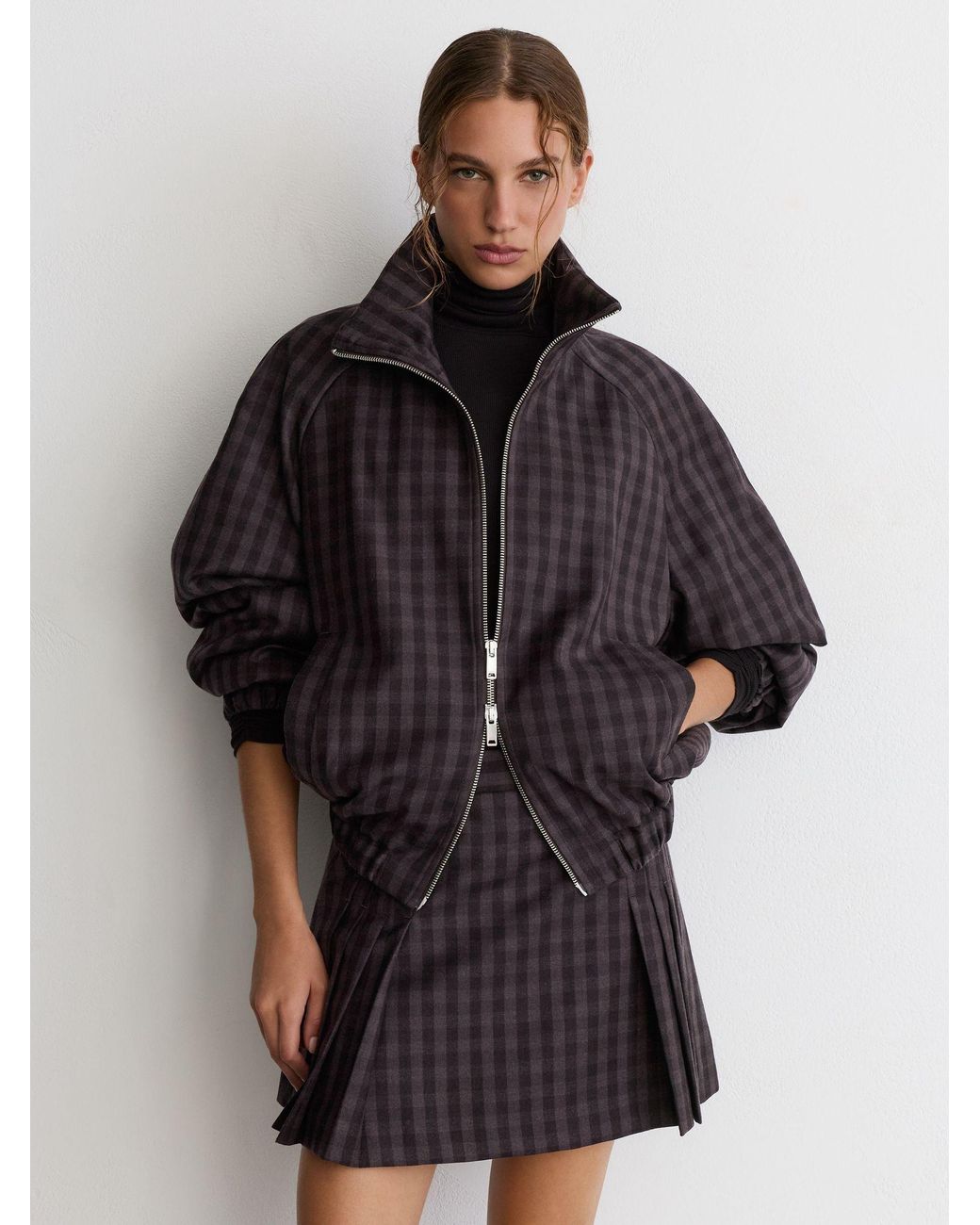 Reiss Gray Grape Check Carla Petite Wool Gingham-Check Bomber Jacket