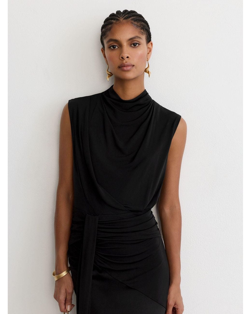 Reiss Black Draped High-Neck Sleeveless Maxi Dress