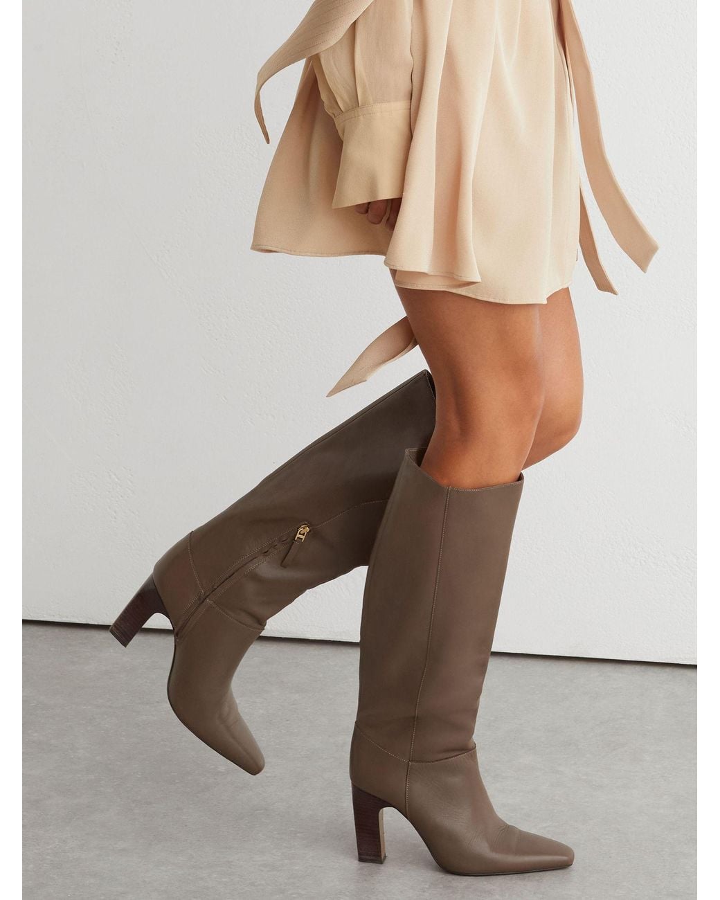 Reiss Natural Leather Block-Heel Knee-High Boots