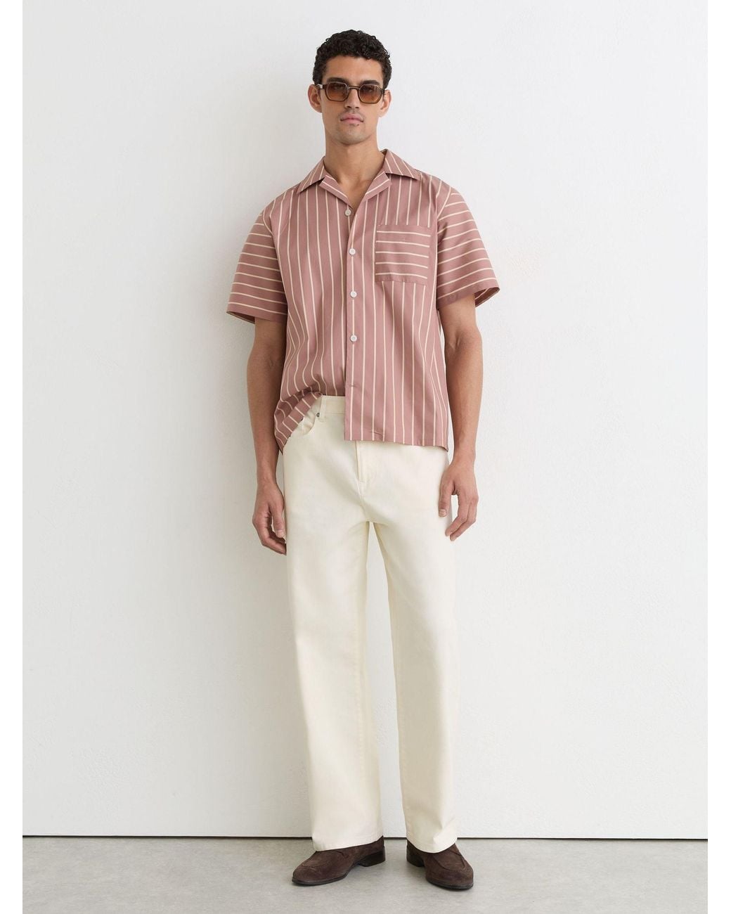 Reiss Pink Cotton-Blend Stripe Cuban-Collar Shirt for men