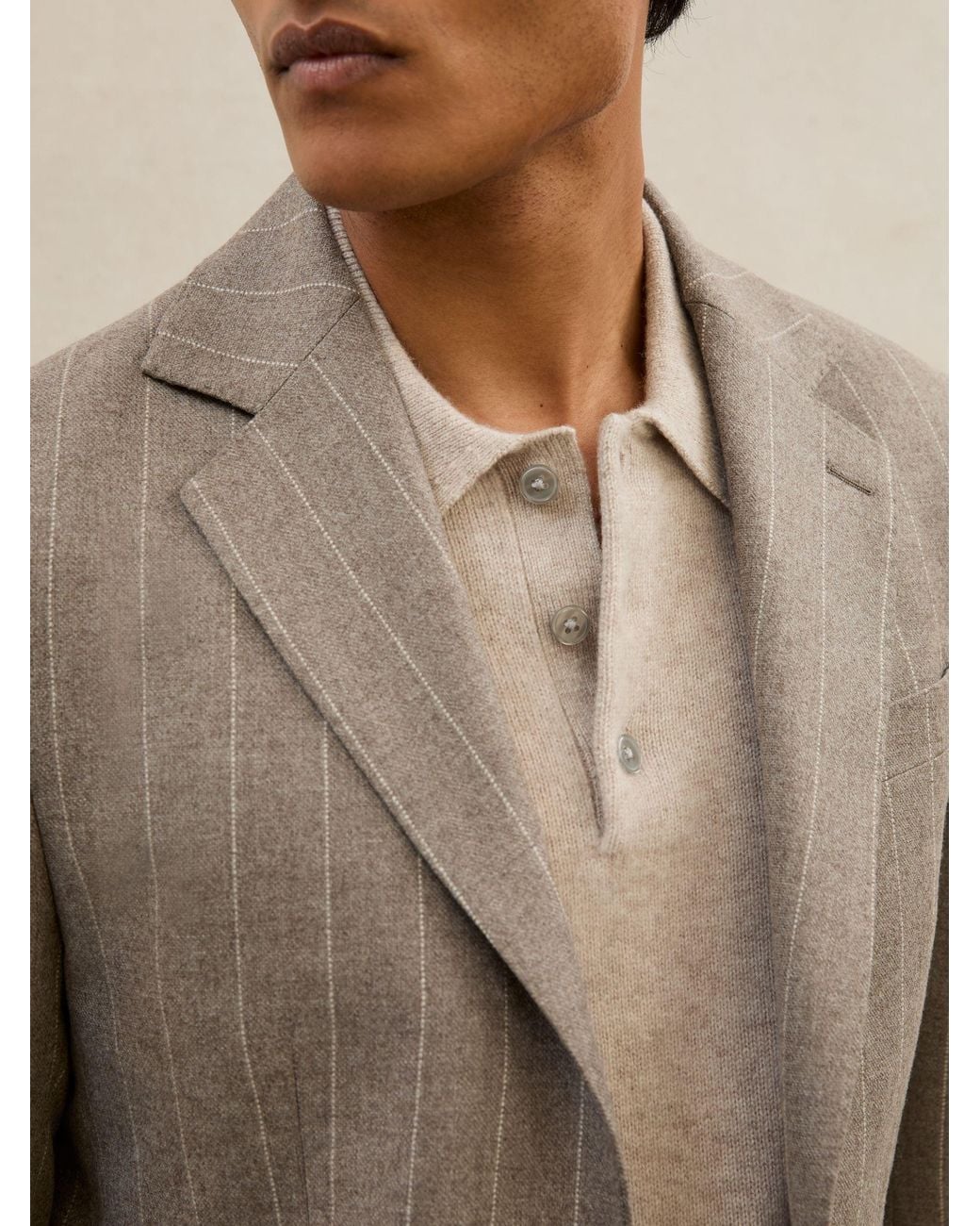 ATELIER Natural Mocha Montepuliciano Wool Single-Breasted Blazer Pinstripe Classic-Fit, Light & Cream for men