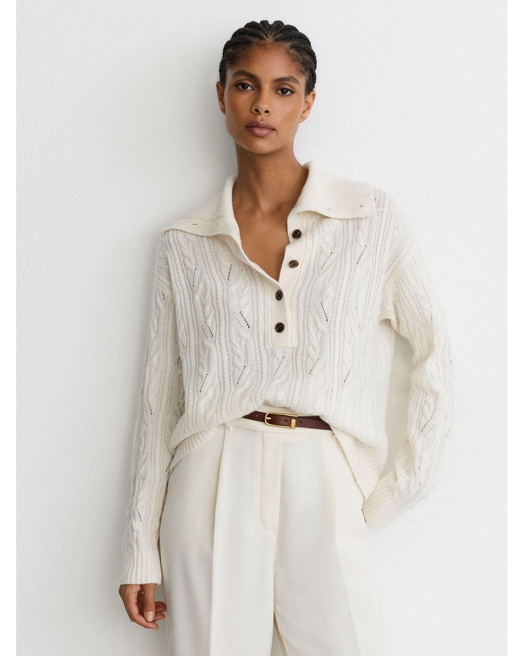 Reiss Natural Wool-Cashmere Cable-Knit Half-Button Jumper