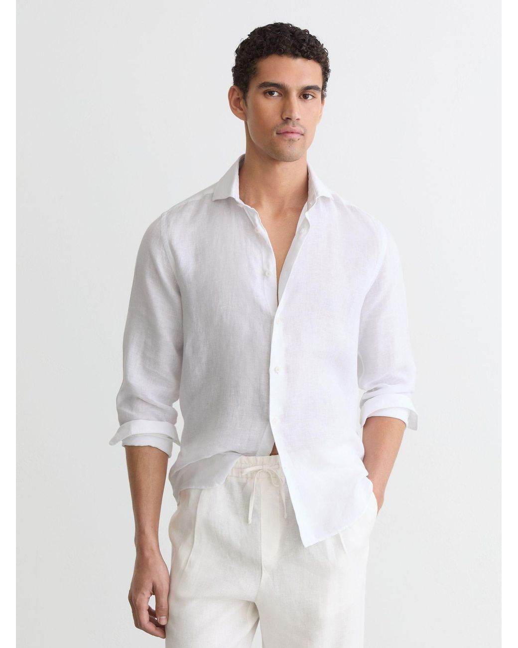 Reiss White Linen Button-Through Shirt, - Resort & Holiday Wear for men
