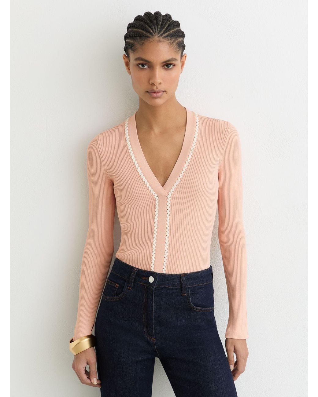 Reiss Blue Lauri - Pink/ivory Craft-stitch Rib-knit Top, L (us 12-14)