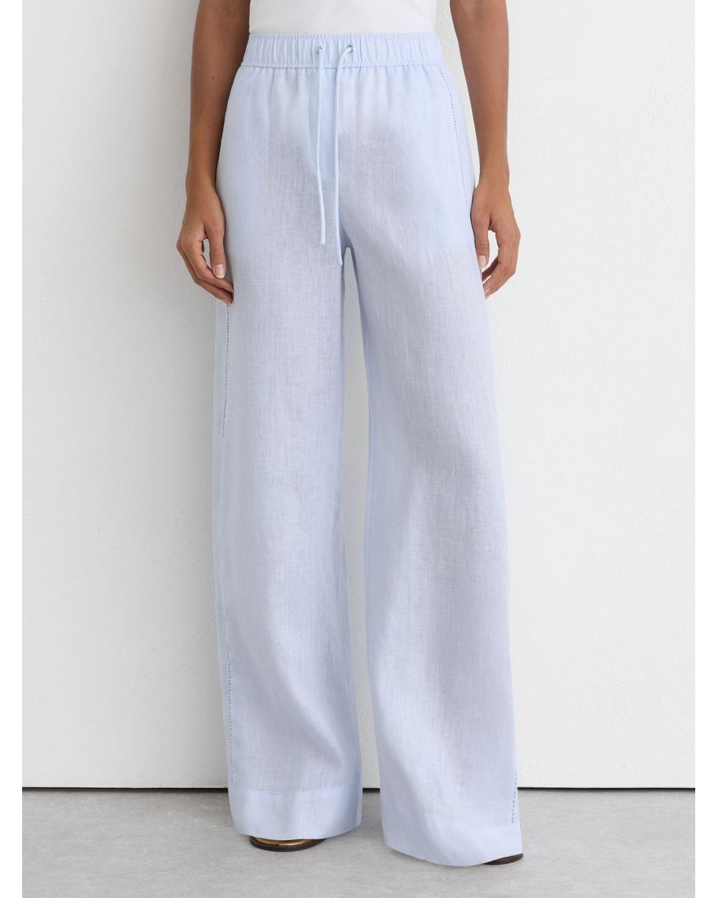 Reiss Riley - Silver Blue Linen Ladder-embroidery Wide-leg Trousers, Us 8 Long