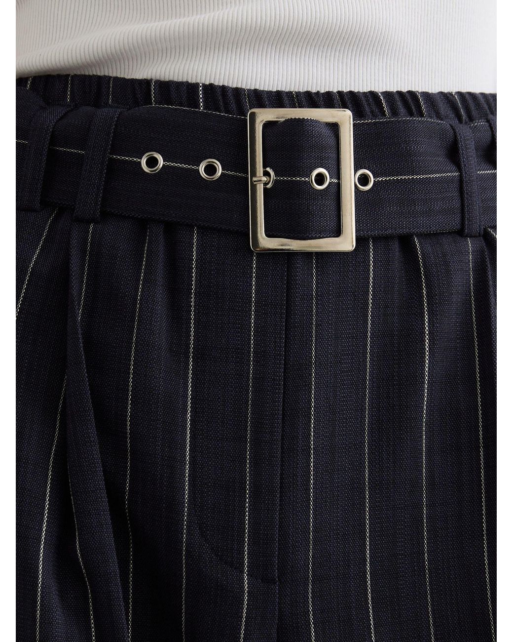 Reiss Blue Rae Petite Pinstripe Belted Wide-Leg Trousers