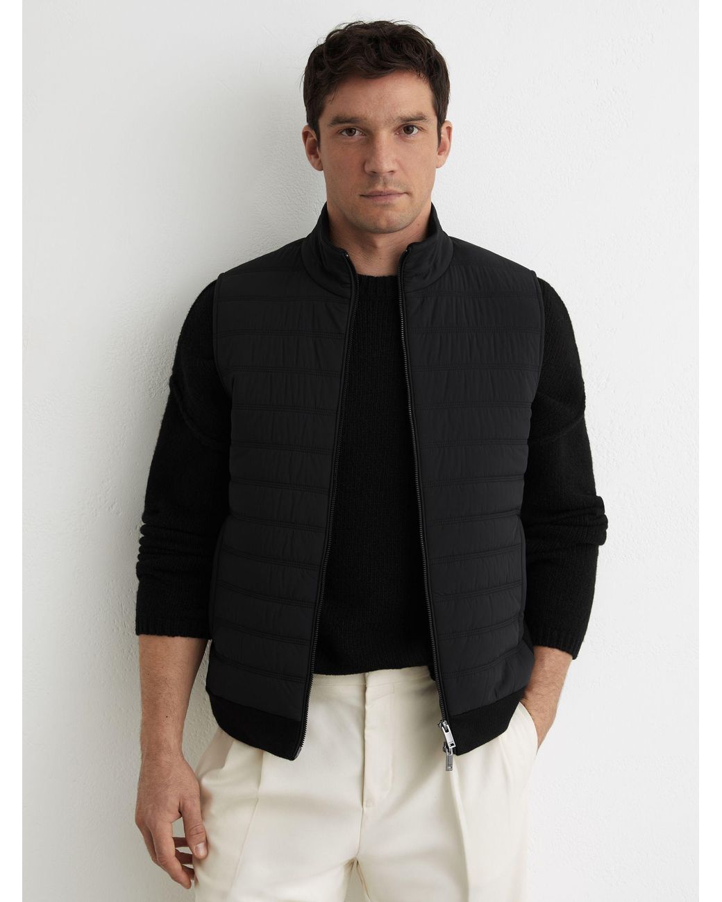 Reiss Black Funnel-Neck Quilted Knit Gilet for men