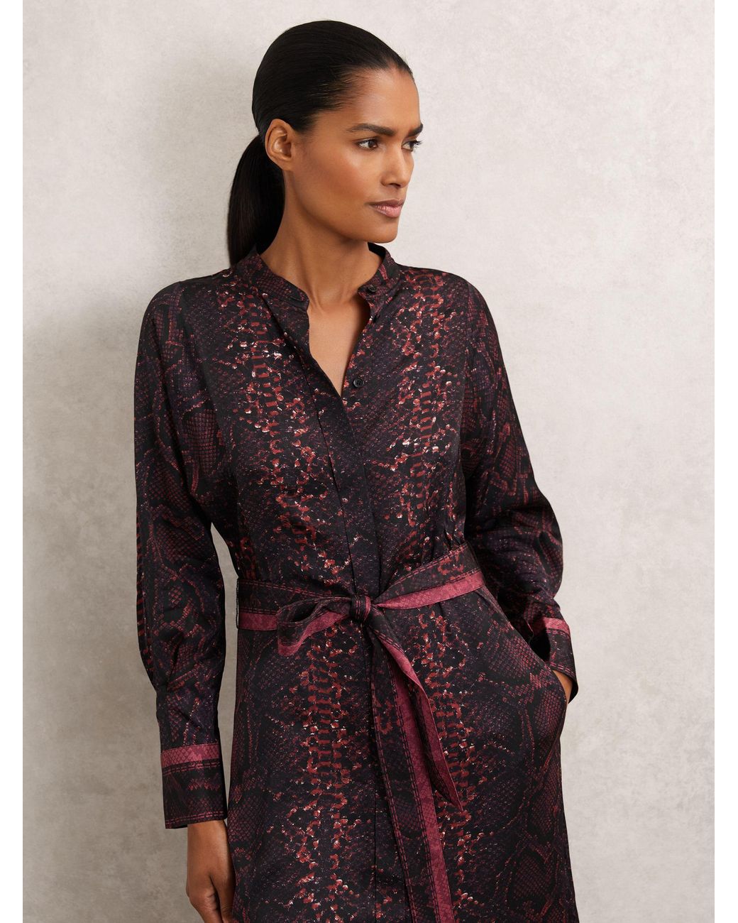Reiss Natural Burgundy & Snake Print Belted Shirt Dress