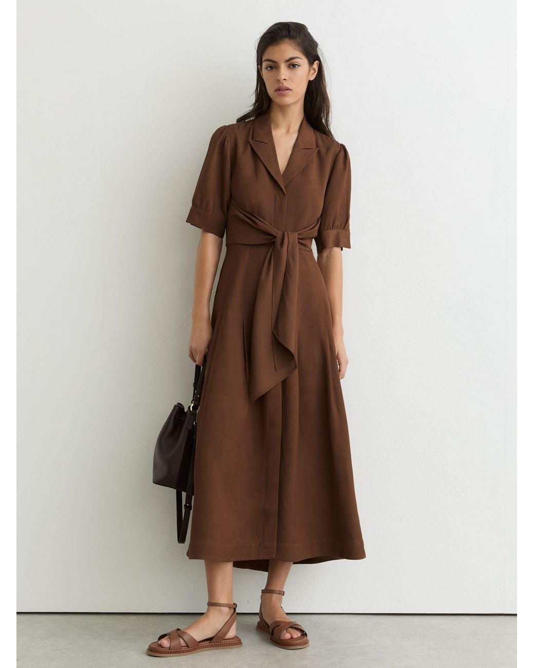 Reiss Brown Short-Sleeve Belted Midi Dress With Linen