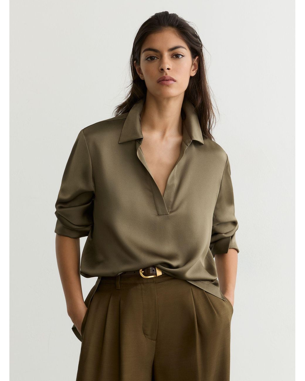 Reiss Brown Silk Open-Collar Blouse