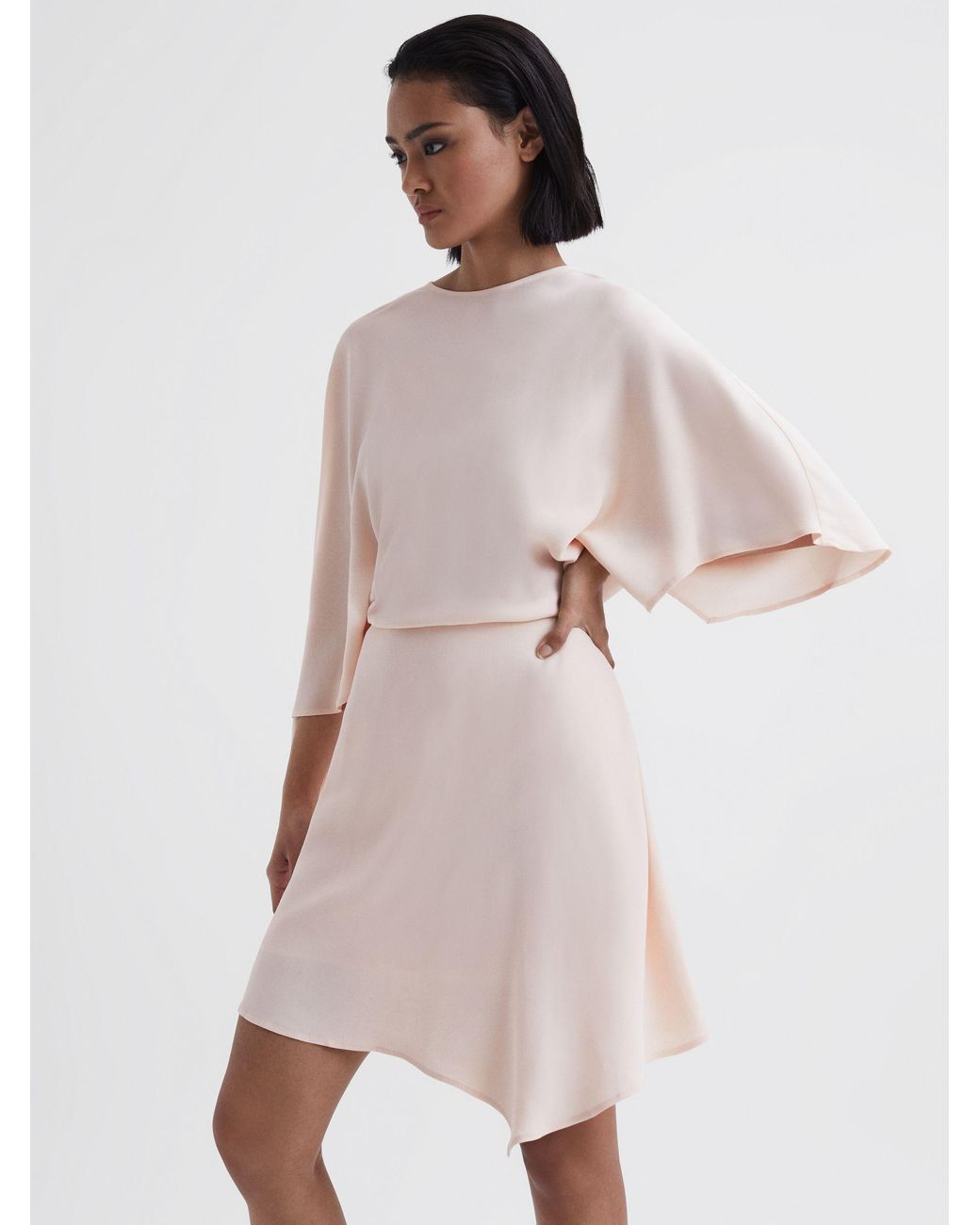 Reiss White Christy - Nude Cape Sleeve Asymmetric Mini Dress, Us 10