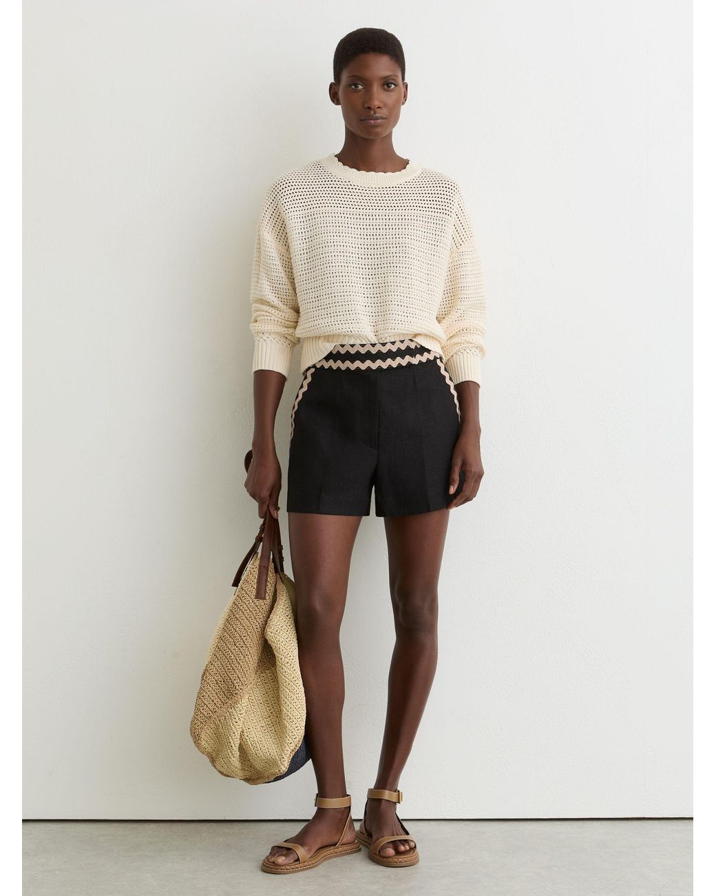 Reiss Natural Mila - Black Linen Wave-trim Shorts, Us 0