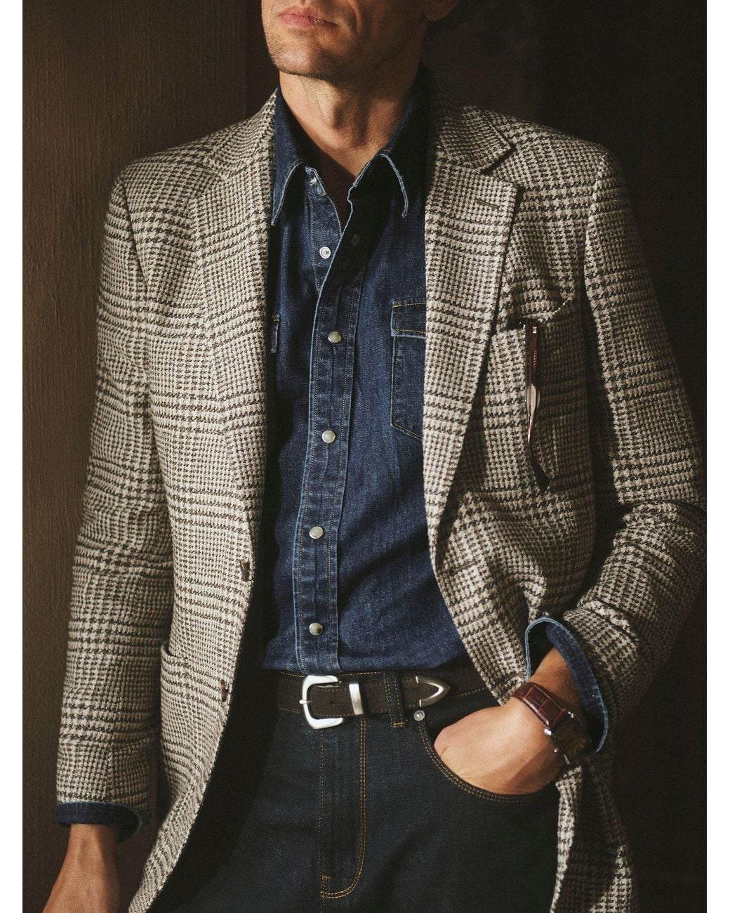 Reiss Brown Classic Fit Wool-Blend Houndstooth Single-Breasted Blazer for men