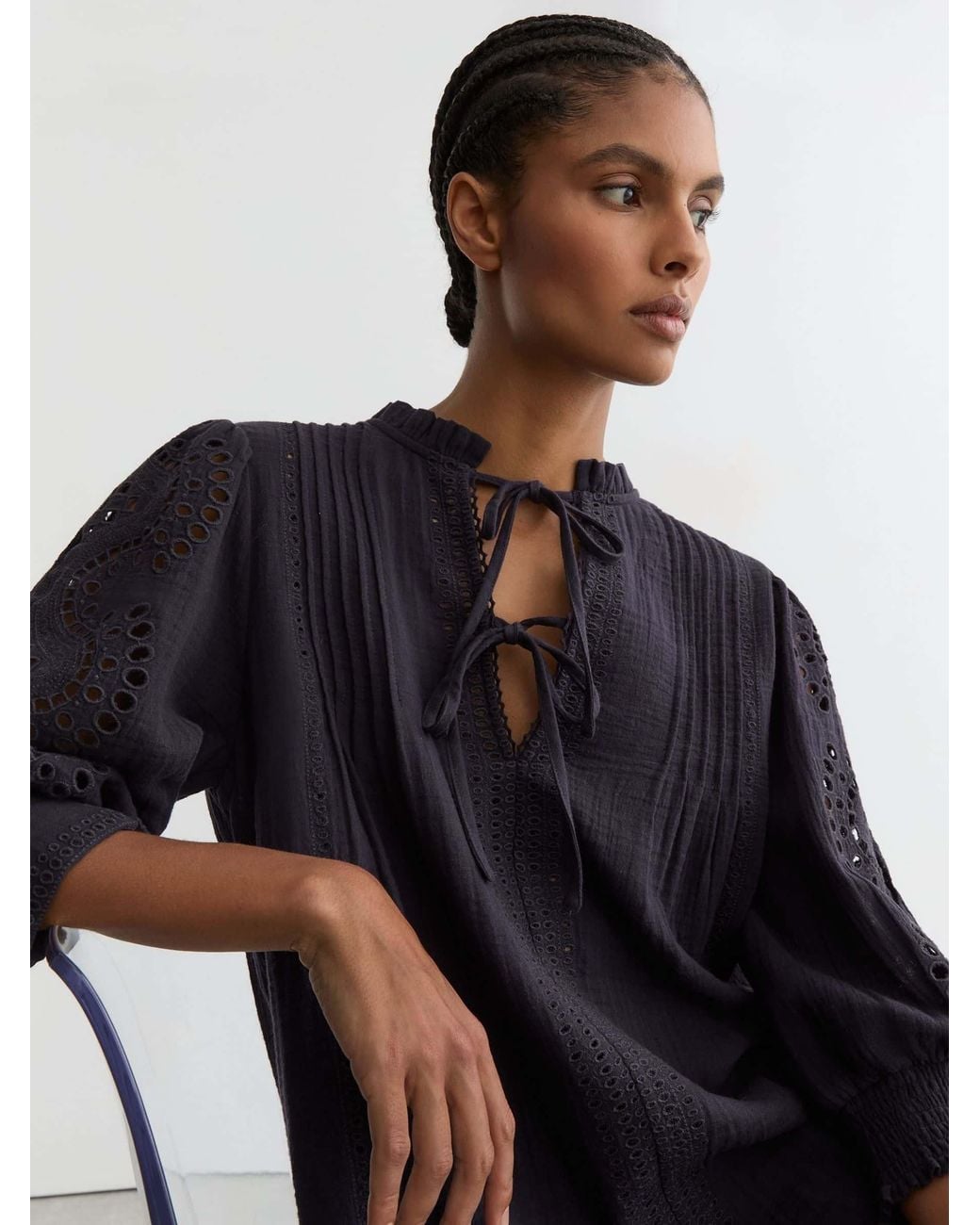 Reiss Blue Cotton Cheesecloth Broderie Mini Dress