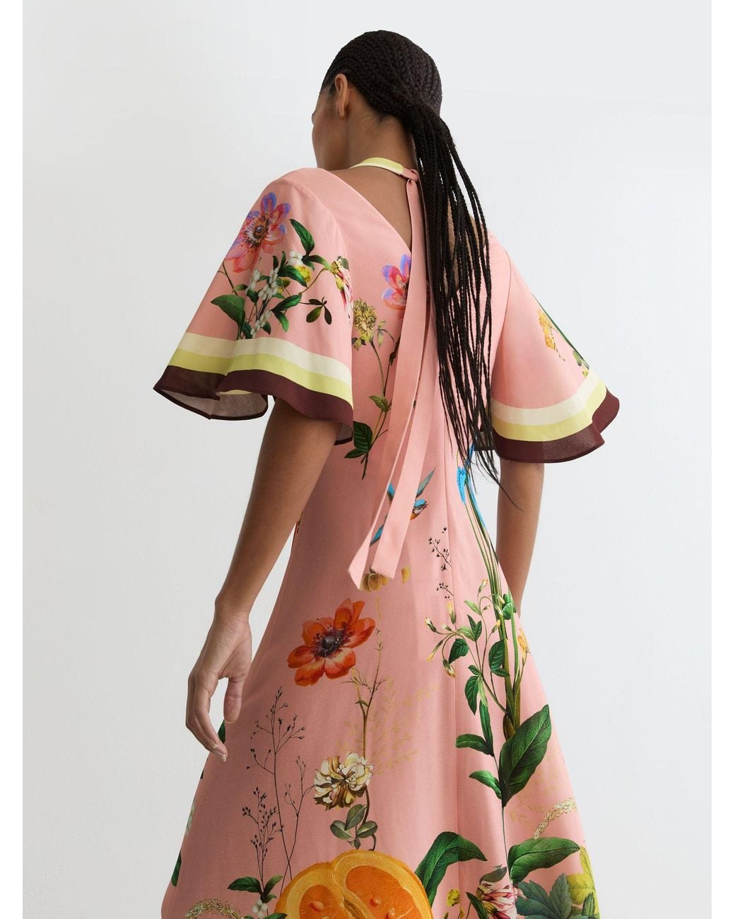 Reiss White Flossy - Pink Floral-print Cut-out Midi Dress, Us 4