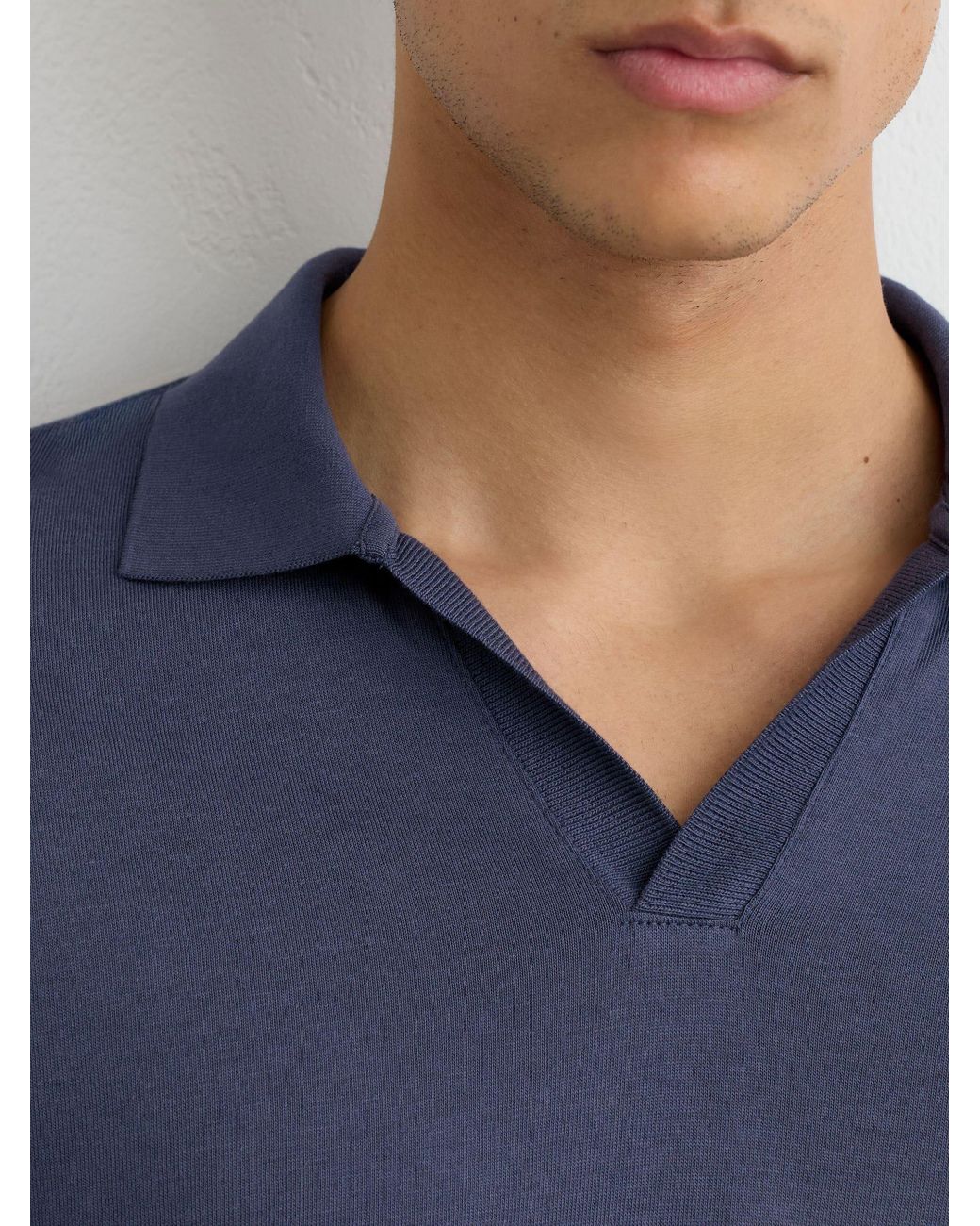 Reiss Blue Cotton- Open-Collar Short-Sleeve Polo Shirt for men