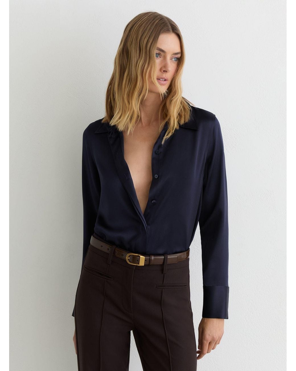 Reiss Blue Ameira - Navy Silk-satin Concealed-placket Shirt, Us 14