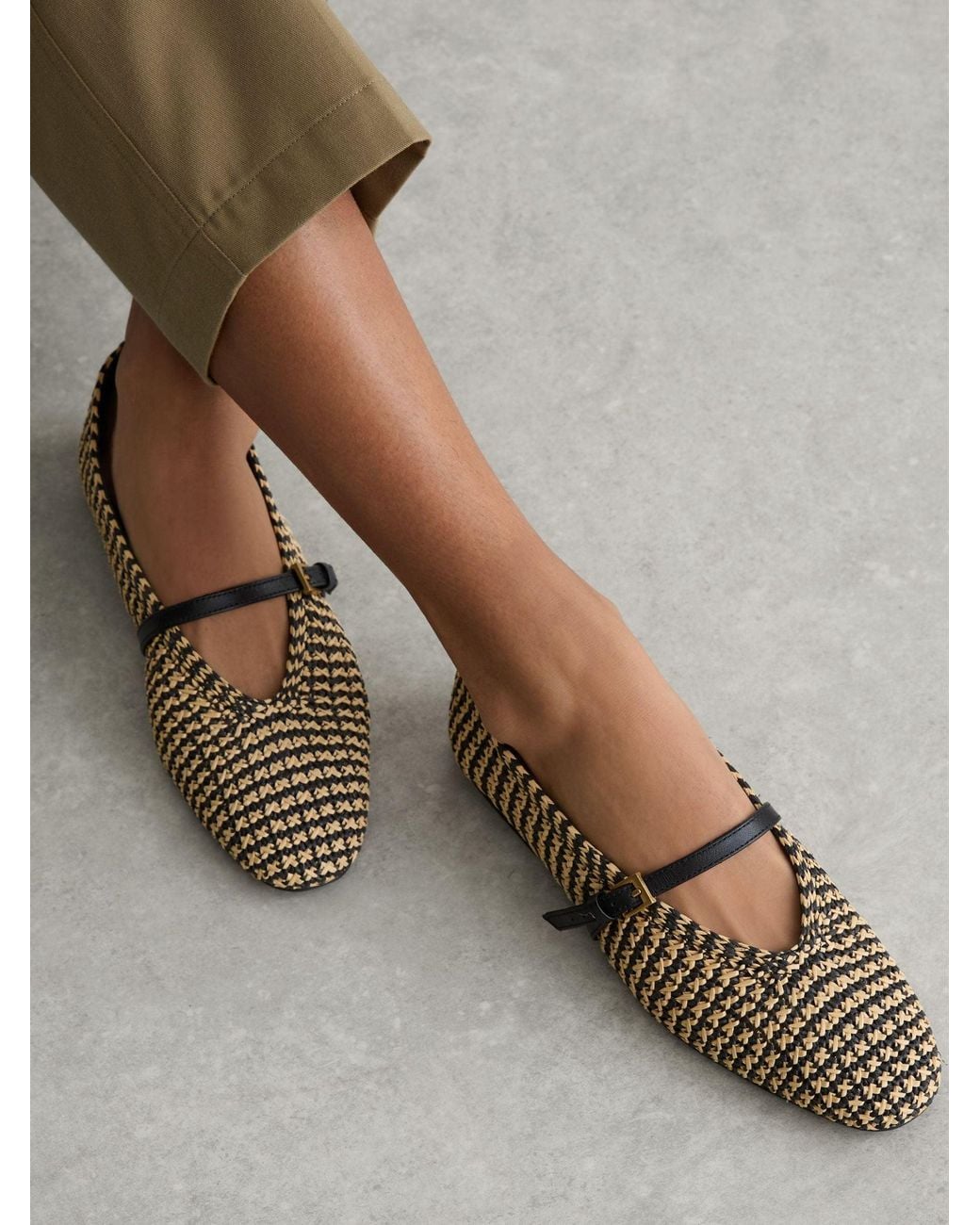 Reiss Multicolor Natural & Raffia-Effect Stripe Ballet Flats