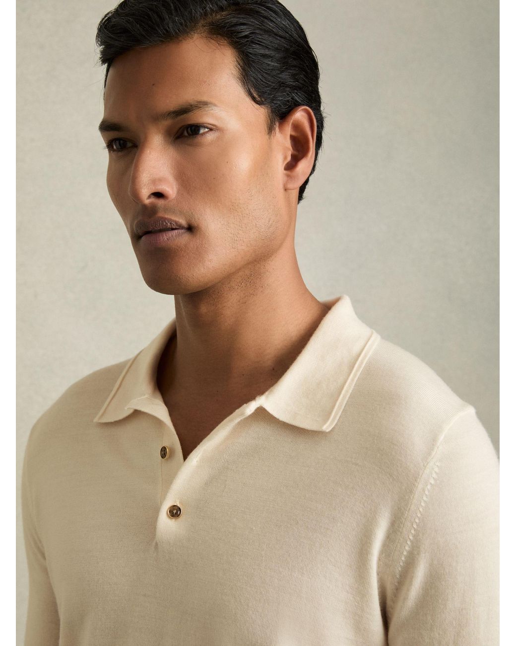 Reiss Snow Merino Wool Long-Sleeve Polo Shirt in Natural for Men | Lyst