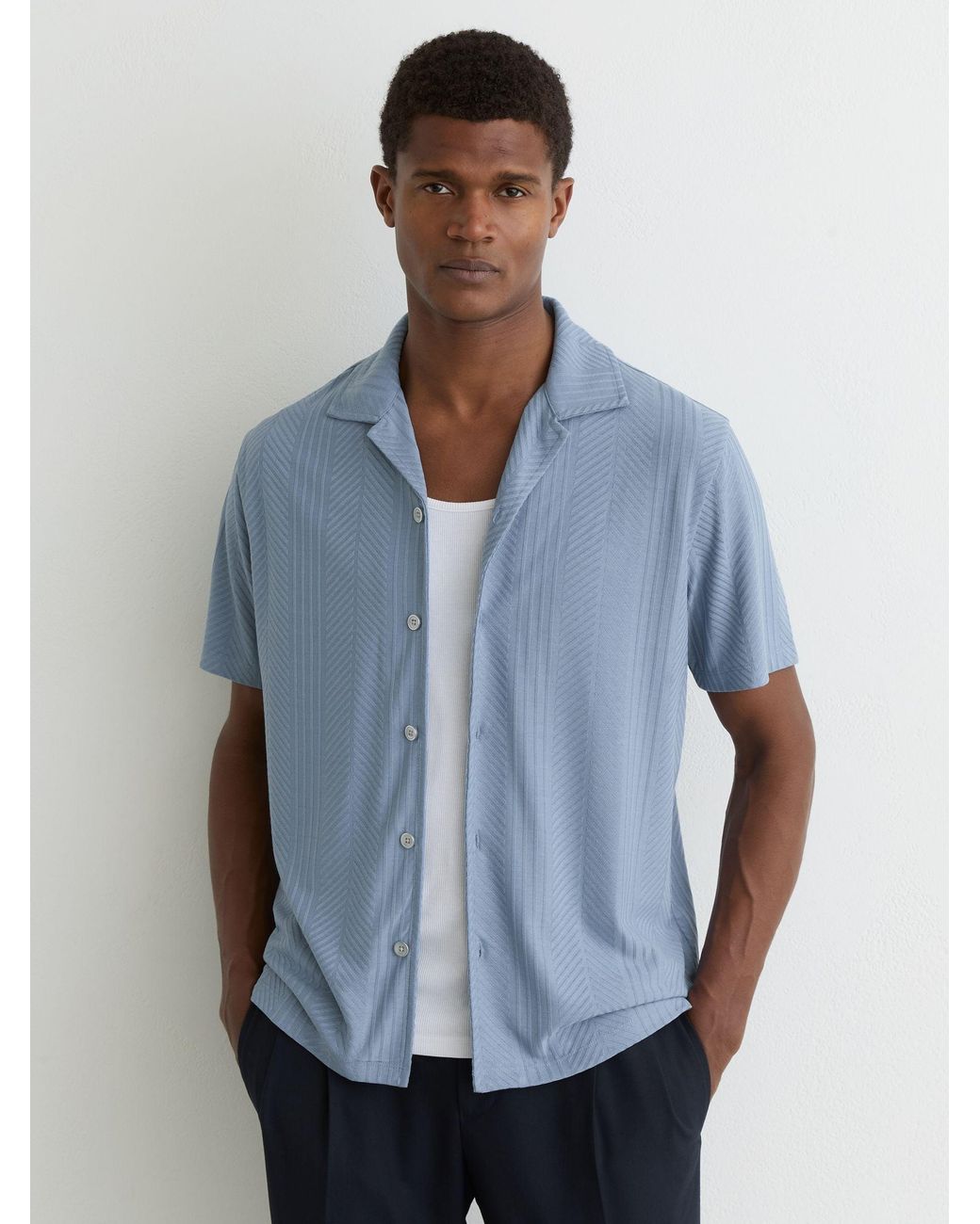 Reiss Blue Jacquard Cuban-Collar Shirt for men