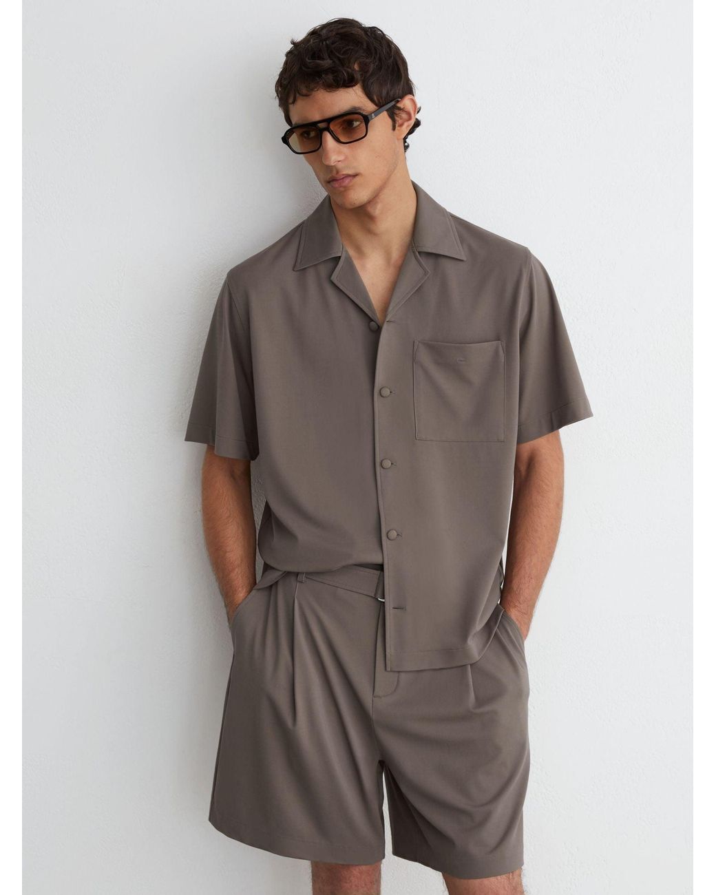 Reiss Brown Cuban-Collar Short-Sleeve Shirt for men
