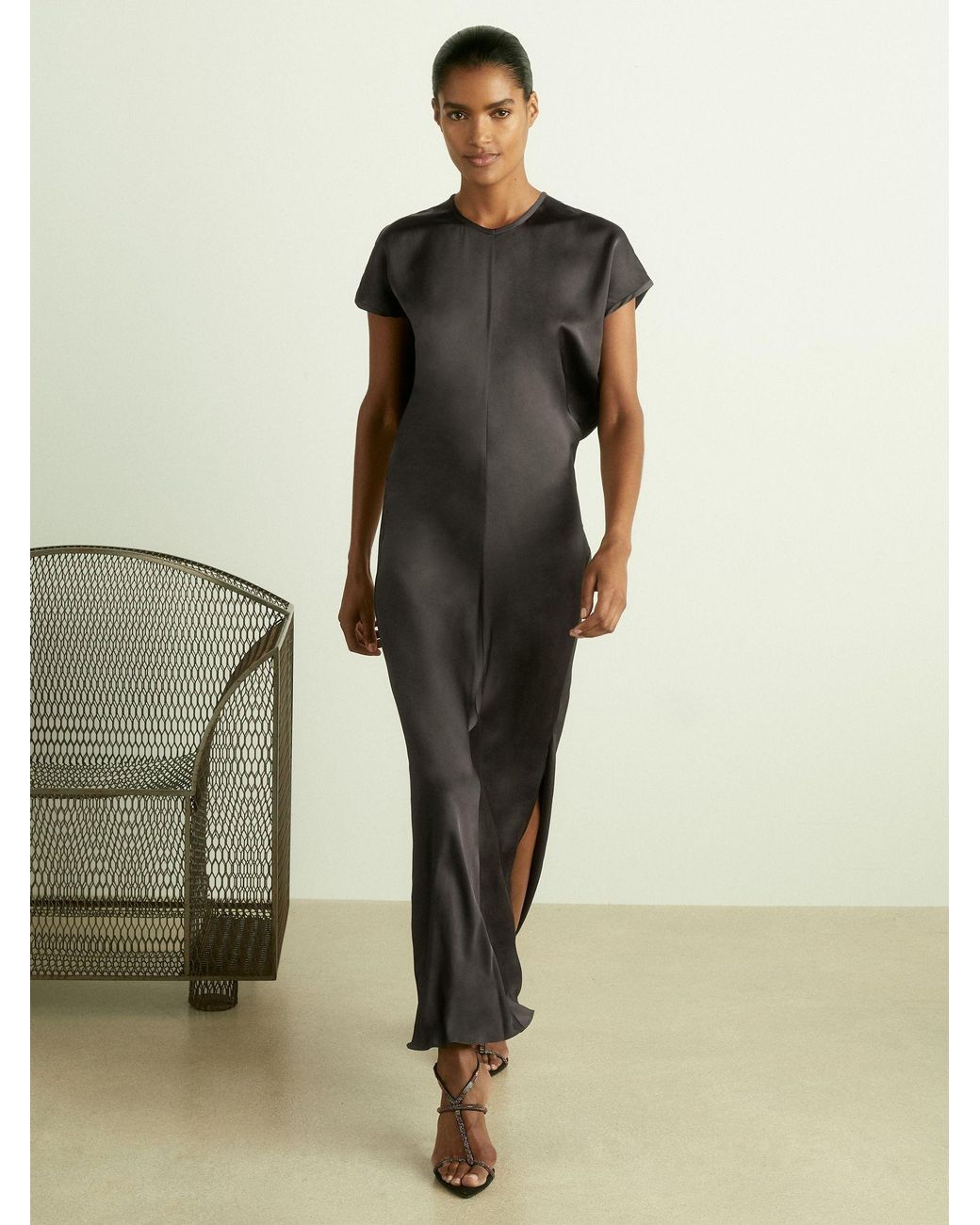 Reiss Satin Short-Sleeve Midi Dress | Lyst